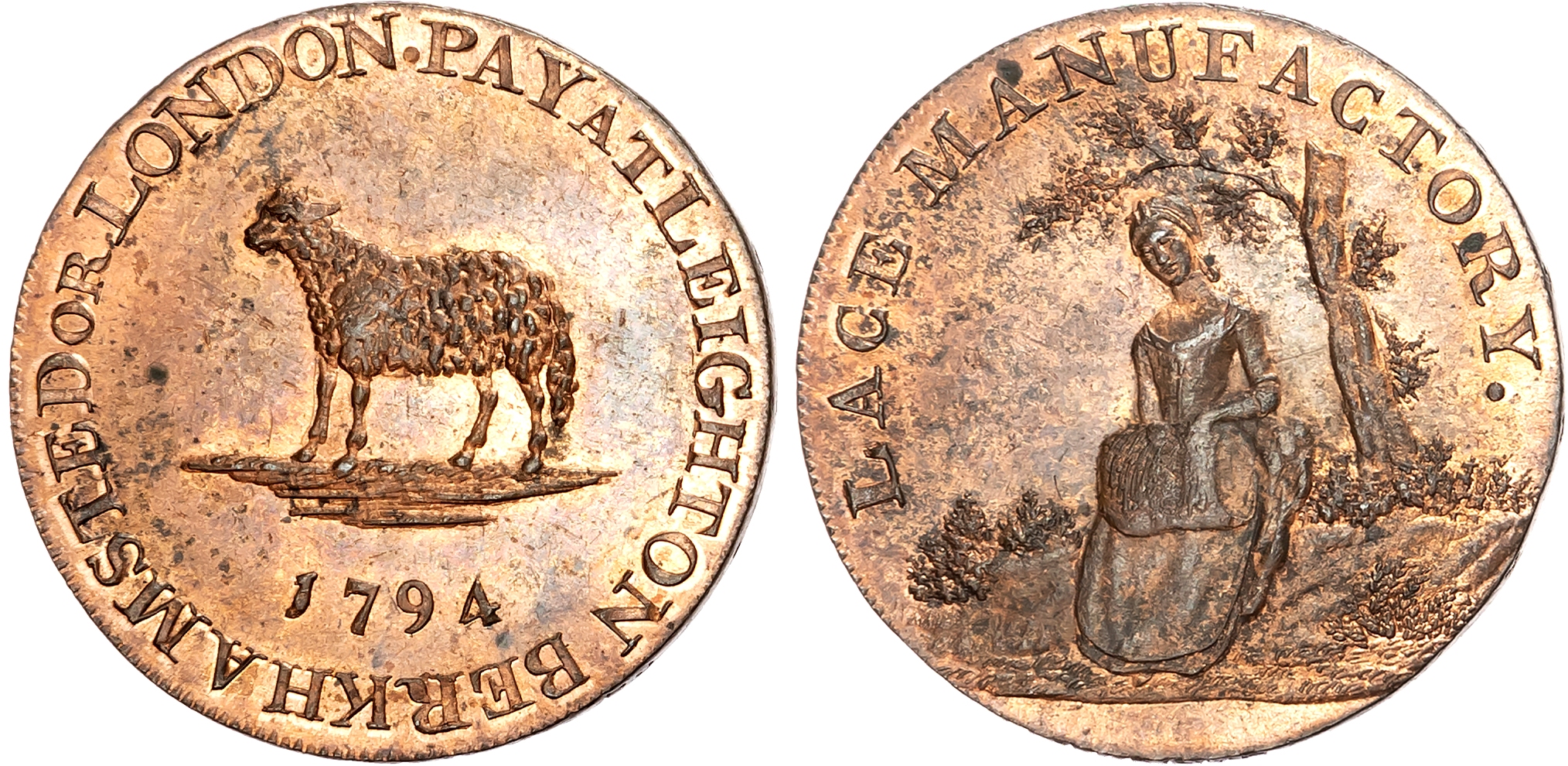 Beds. Leighton Buzzard, Chambers, Langston Hall & Co. (lace dealers) Halfpenny 1794. Young woman making lace, rev. sheep …