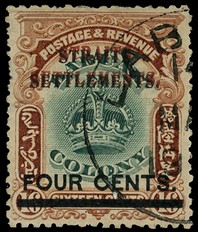 1906 16c Labuan surcharged FOUR CENTS and doubly overprinted STRAITS SETTLEMENTS, once in red and once in black, used with...