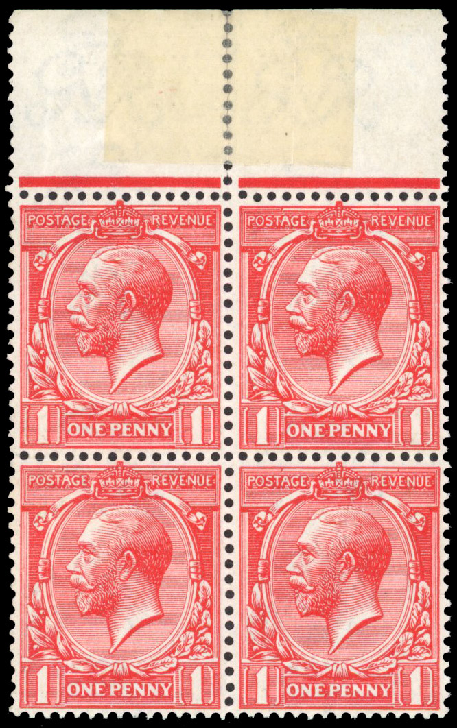 GB SG 361a 1912 1d scarlet-vermilion block, printed sideways on back mint