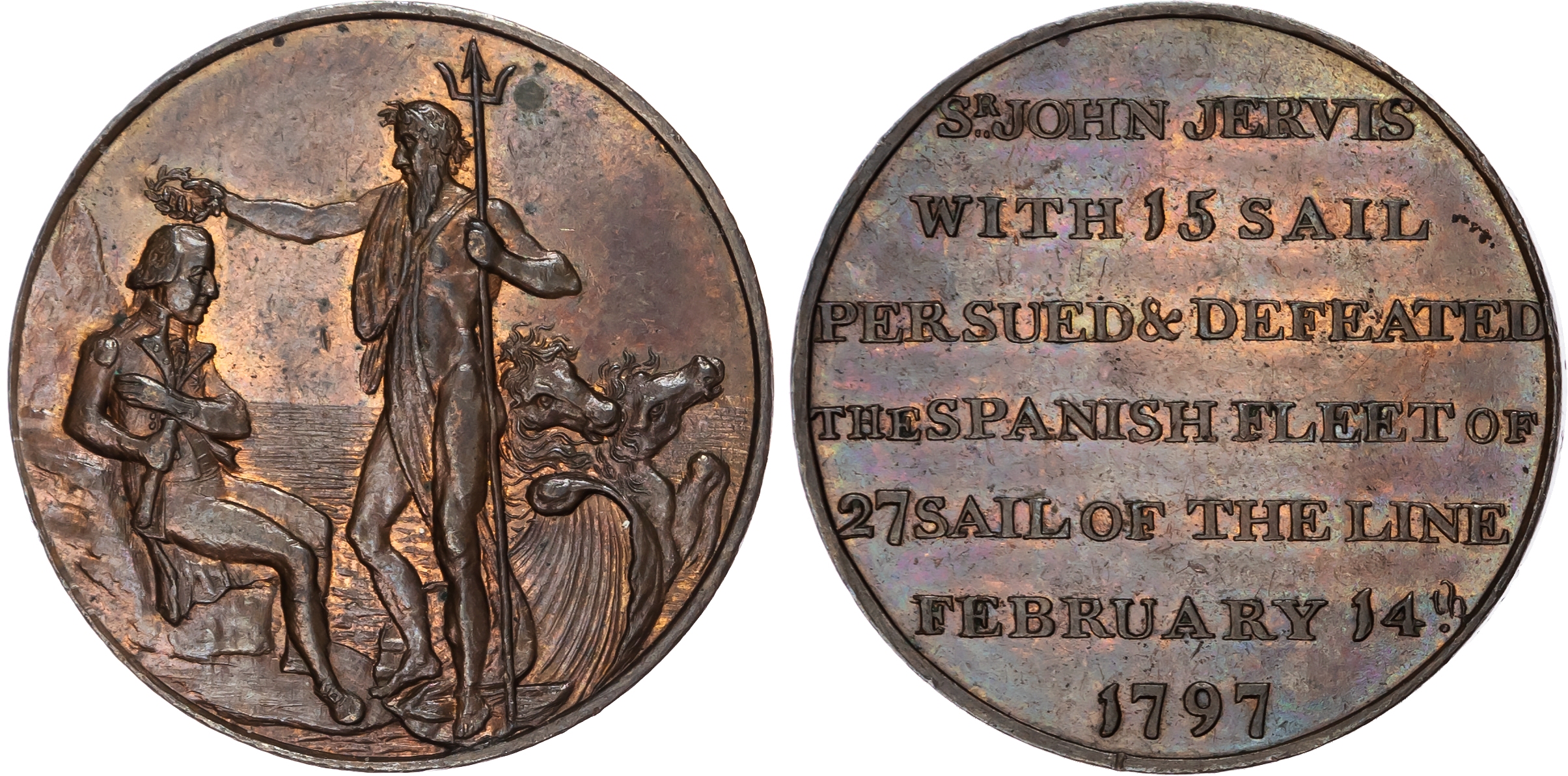 Hants . Portsmouth , Thomas Sharp (Mercer) Halfpenny 1797, Sir John Jervis being crowned by Neptune, rev . sev…