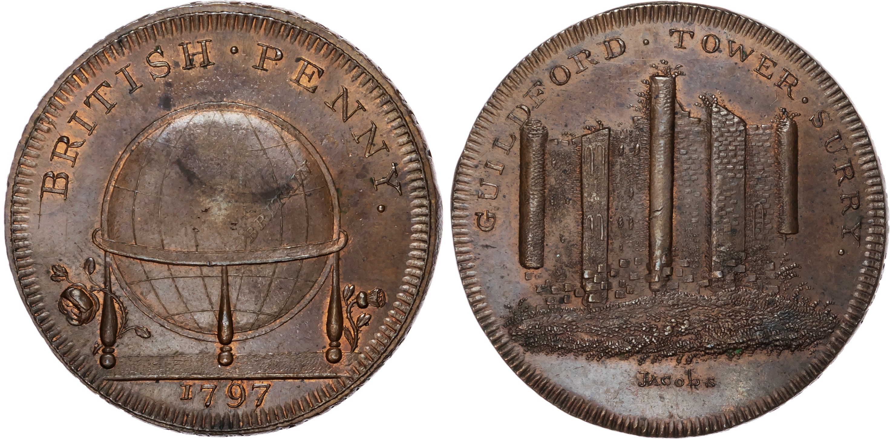 Surrey, Guildford, Skidmore's ‘Globe Series’, Penny 1797, View of ruins of Guildford Tower, rev . Terrestrial …