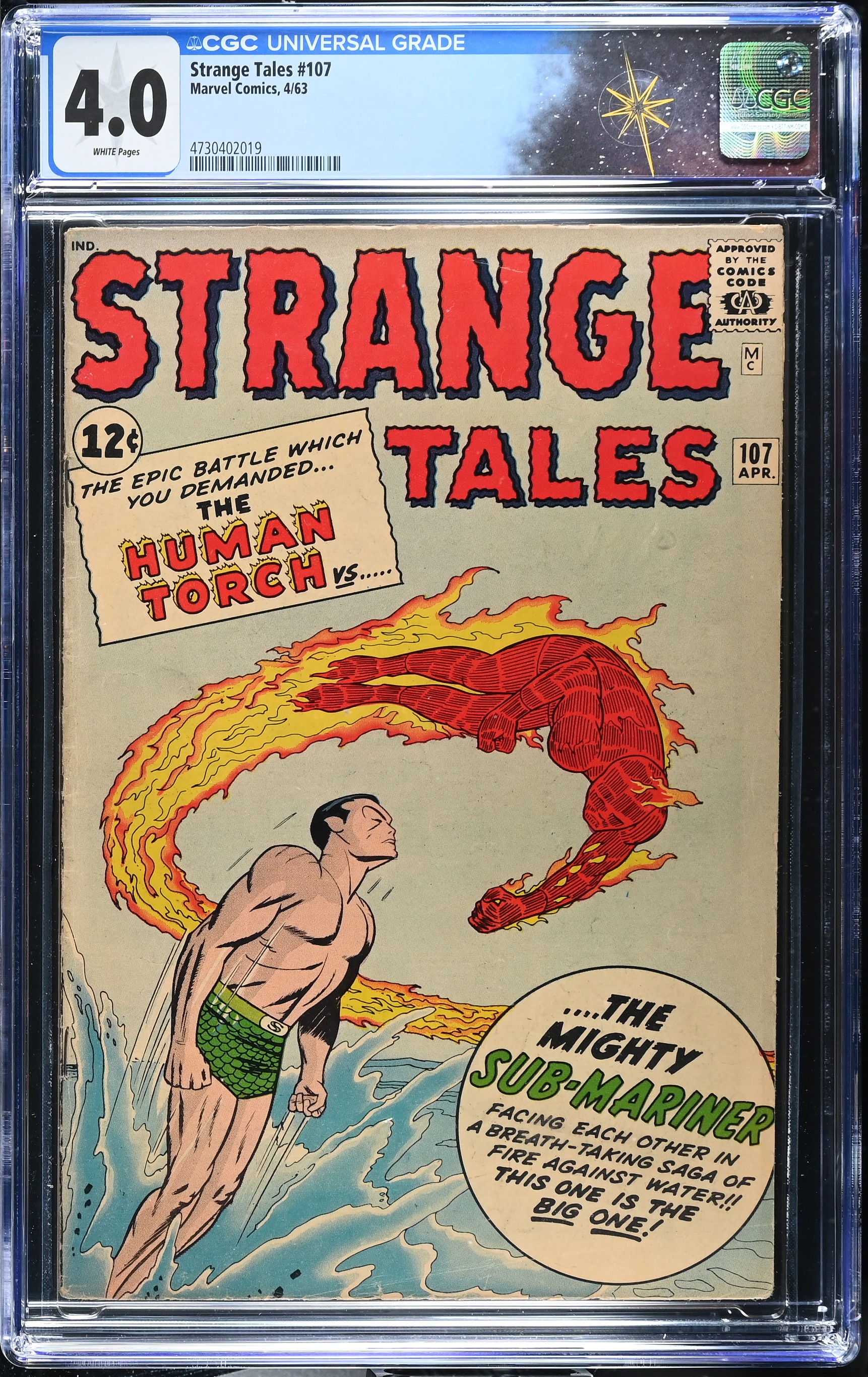 Strange Tales #107 CGC 4.0 Iconic Human Torch vs. Sub-Mariner Cover by Jack Kirby (Marvel Comics, 1963) White Pages