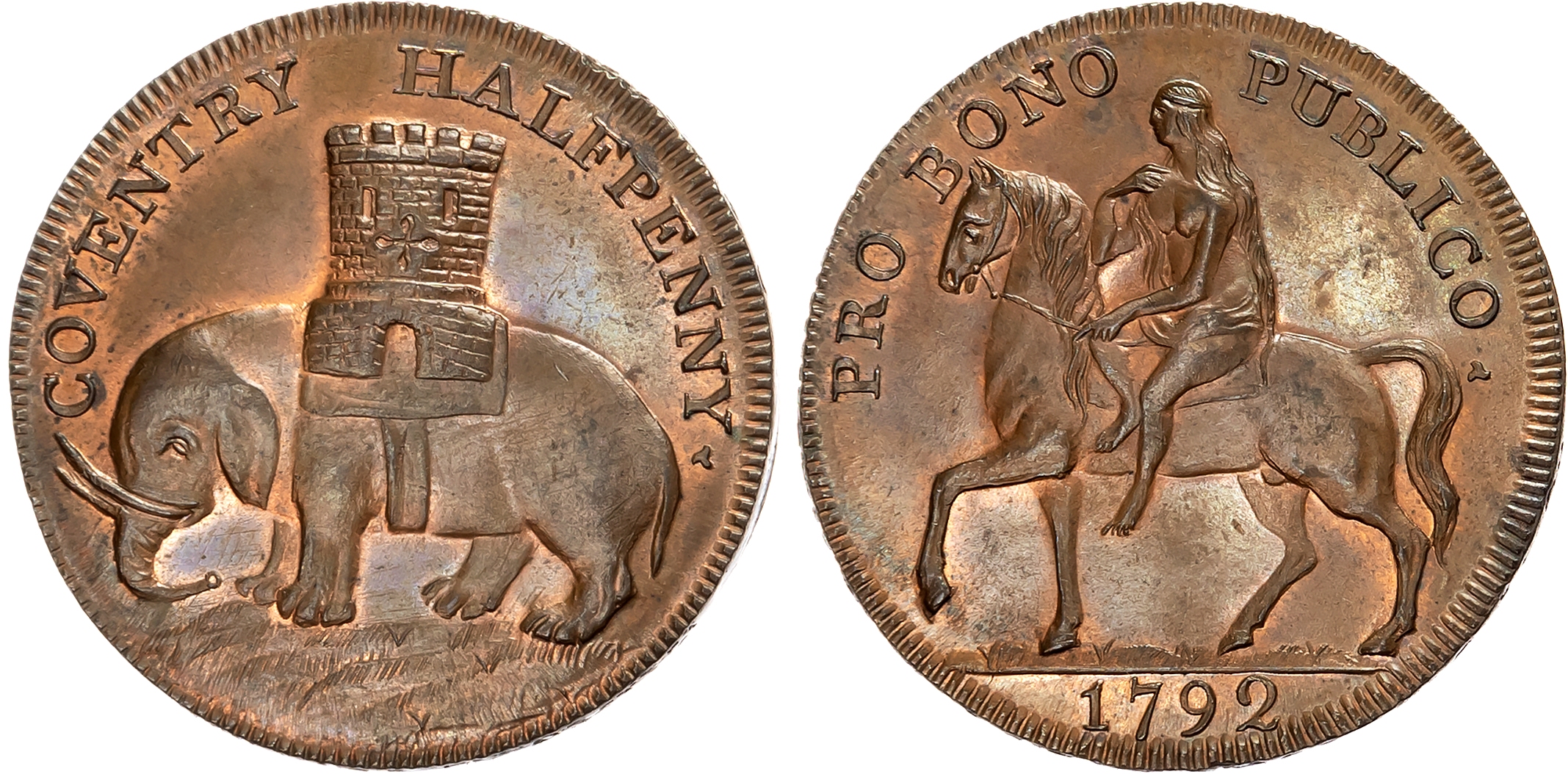 Warks. Coventry , Robert Reynolds & Co. (ribbon weaver and seller) Halfpenny 1792, Lady Godiva on horse, rev. Coventry …