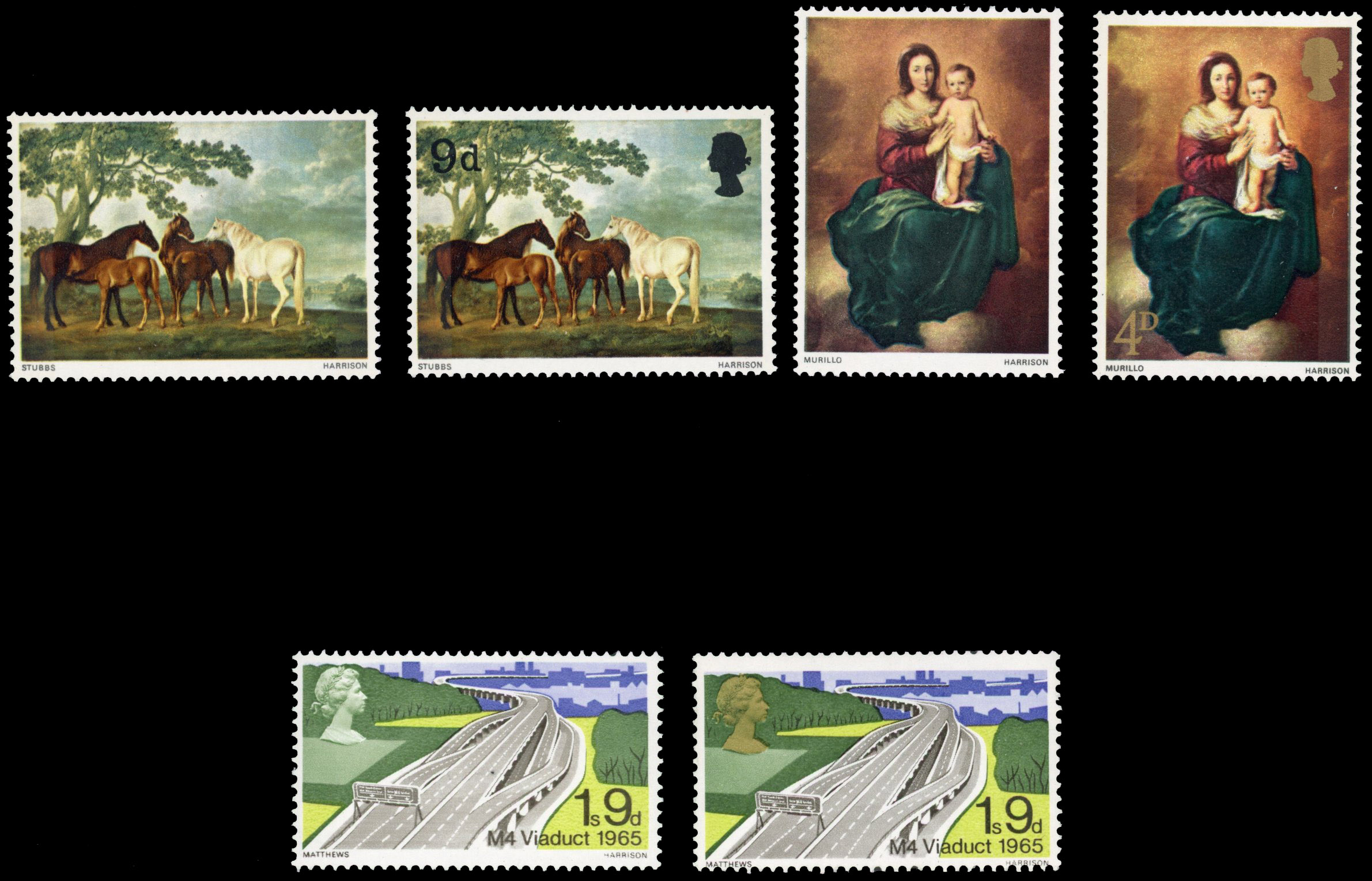 QEII varieties including 1967 9d paintings black (Queen's head and value) omitted, Christmas 4d gold