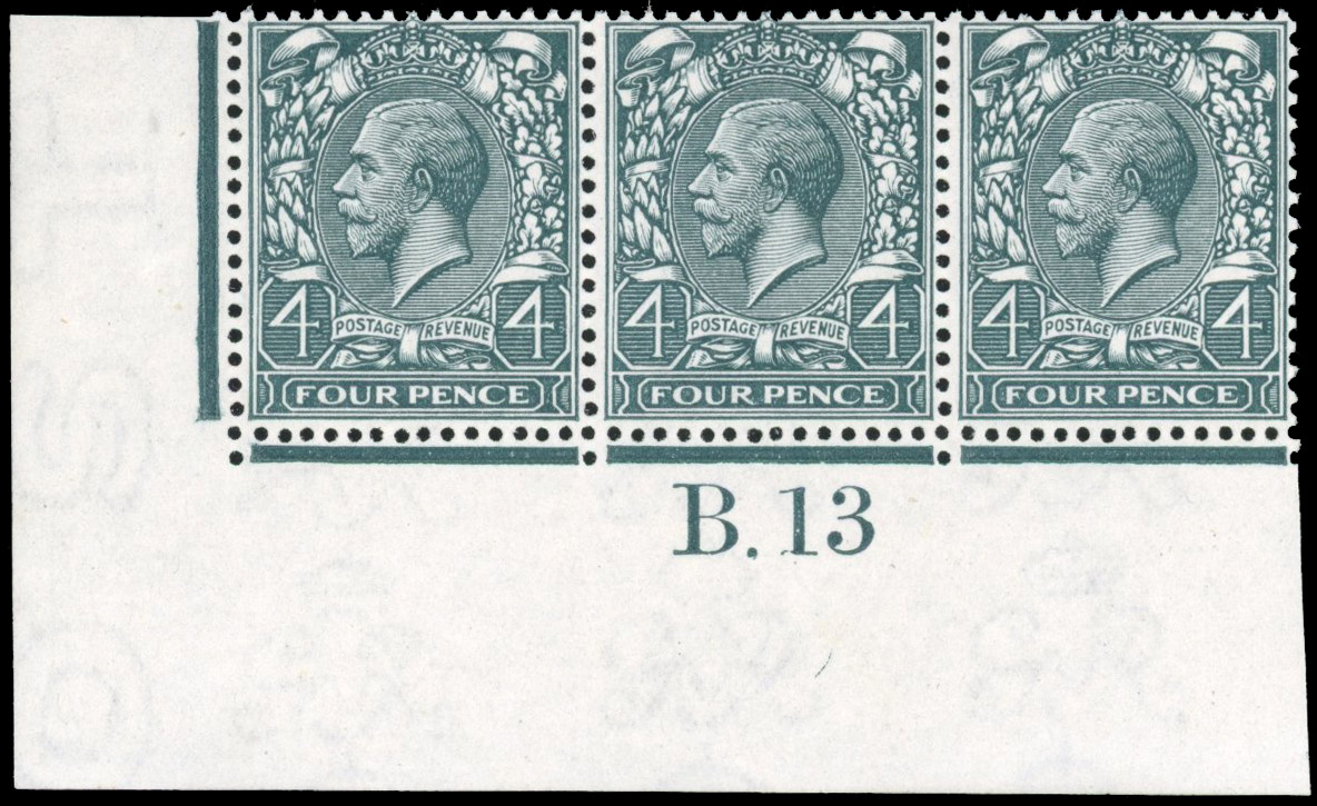 GB 1912-24 Royal Cypher 4d deep bluish slate-green, mint control B.13 strip
