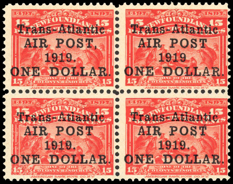 Newfoundland 1919 Air $1 on 15c block of 4 with varieties