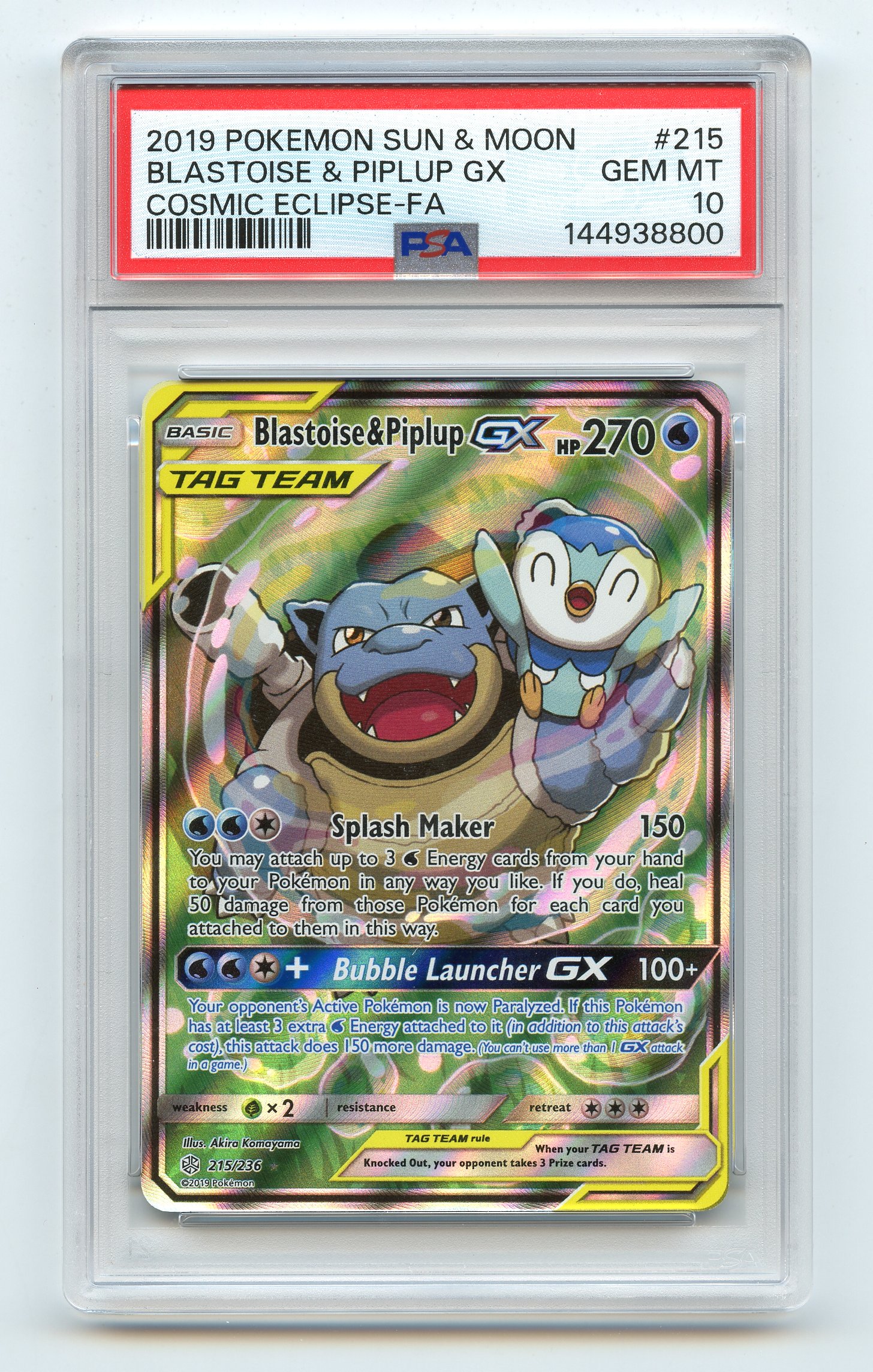 PSA 10 Blastoise & Piplip GX #215 Full Art - Cosmic Eclipse