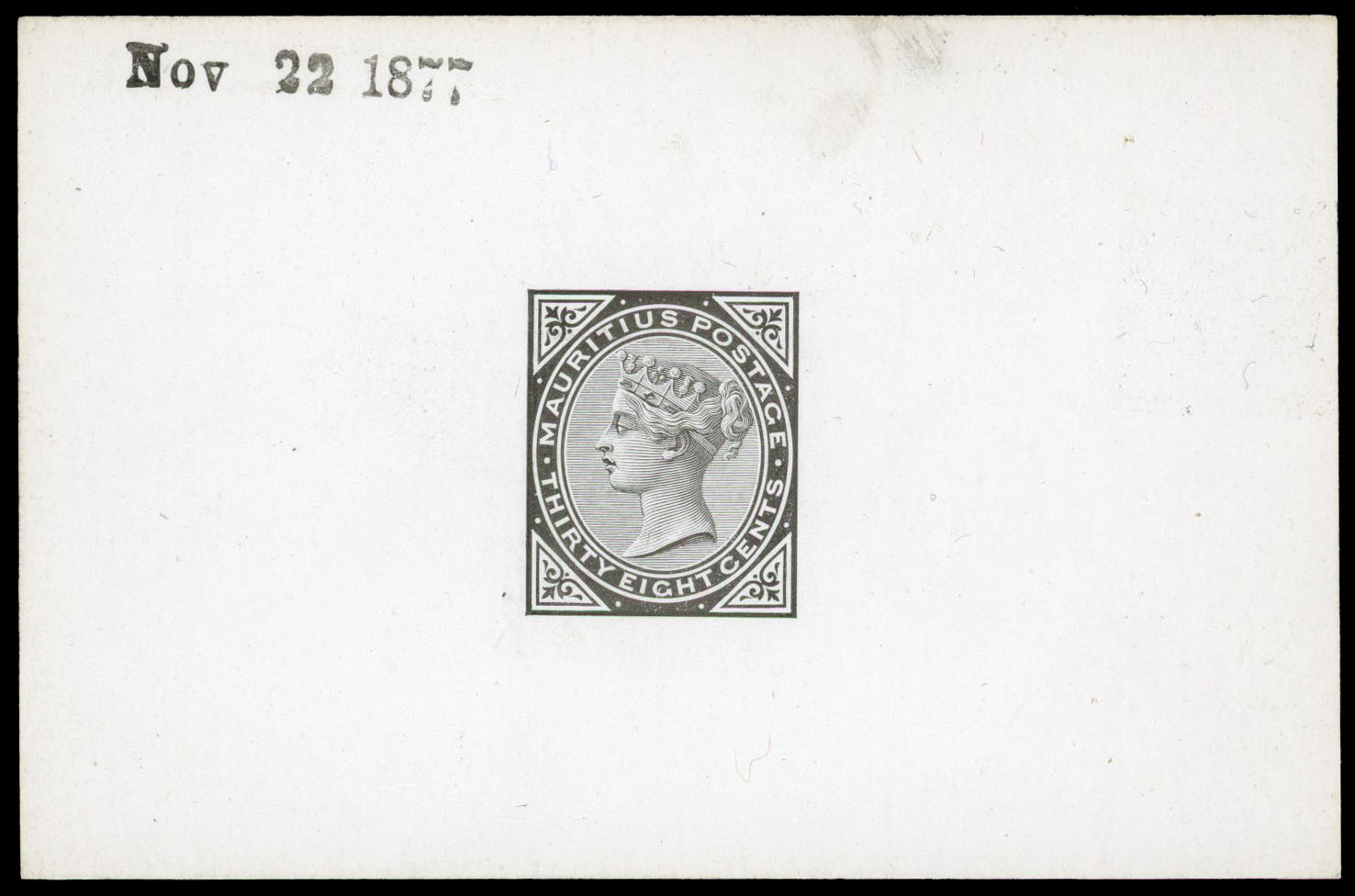 1877 38c die proof in black on glazed white card dated “Nov 22 1877” in black. Fine.