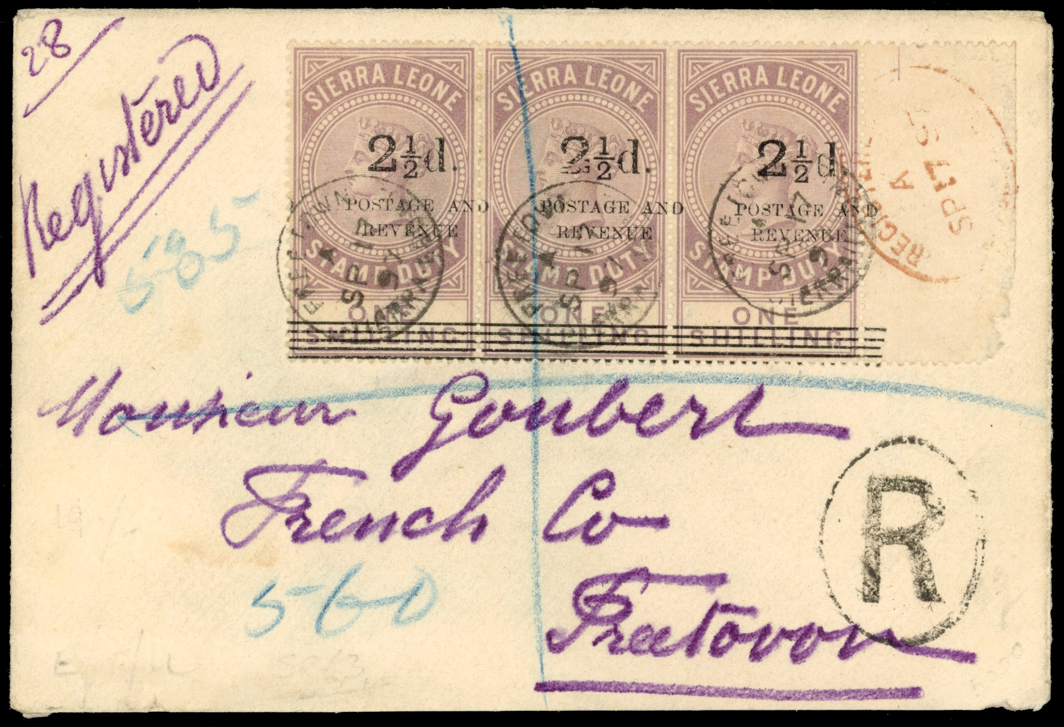 Sierra Leone 1897 registered cover sent locally in Freetown with SG 63