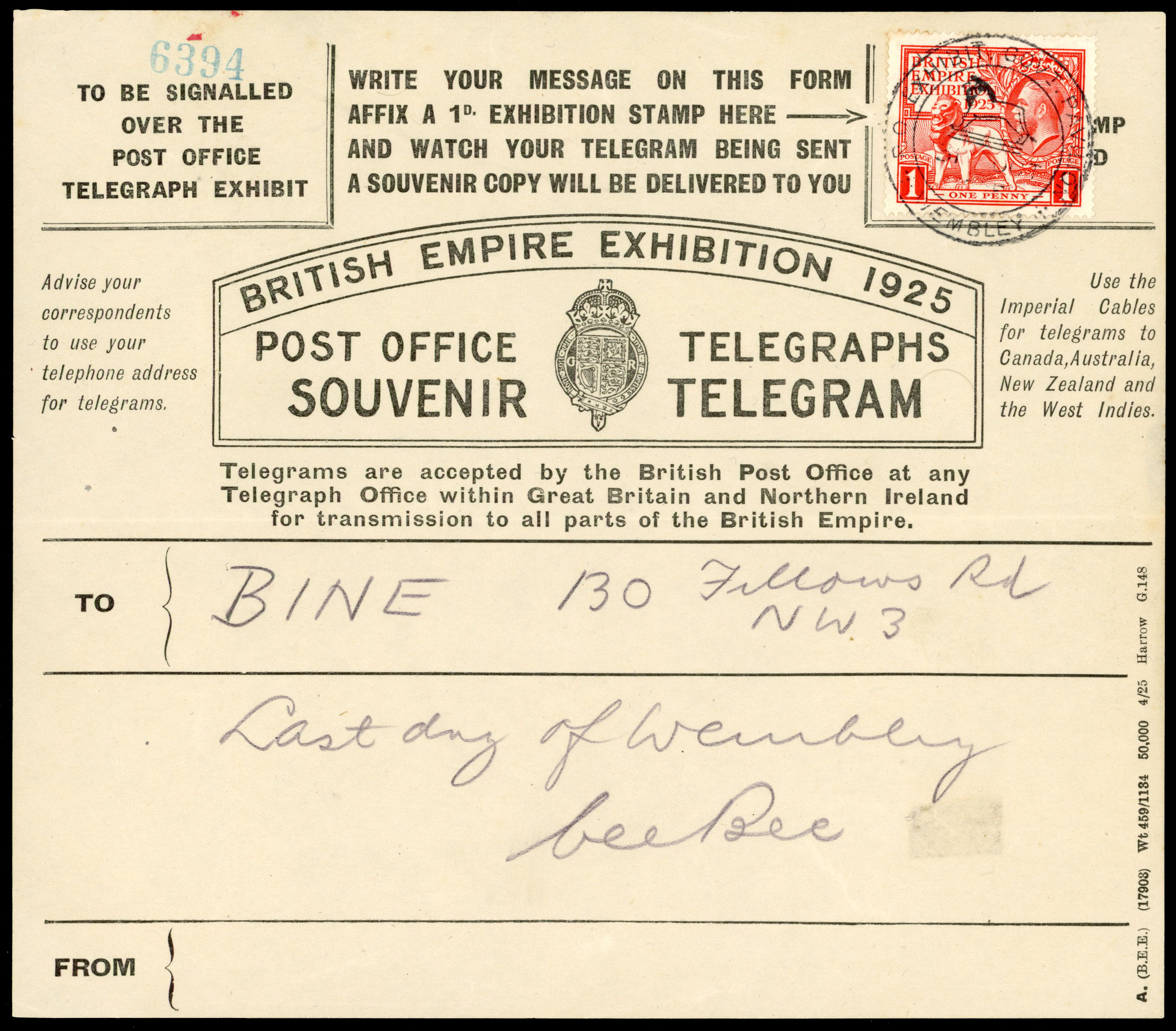 1925 1d British Empire Exhibition. Very fine used example tied to a Souvenir telegram Last Day