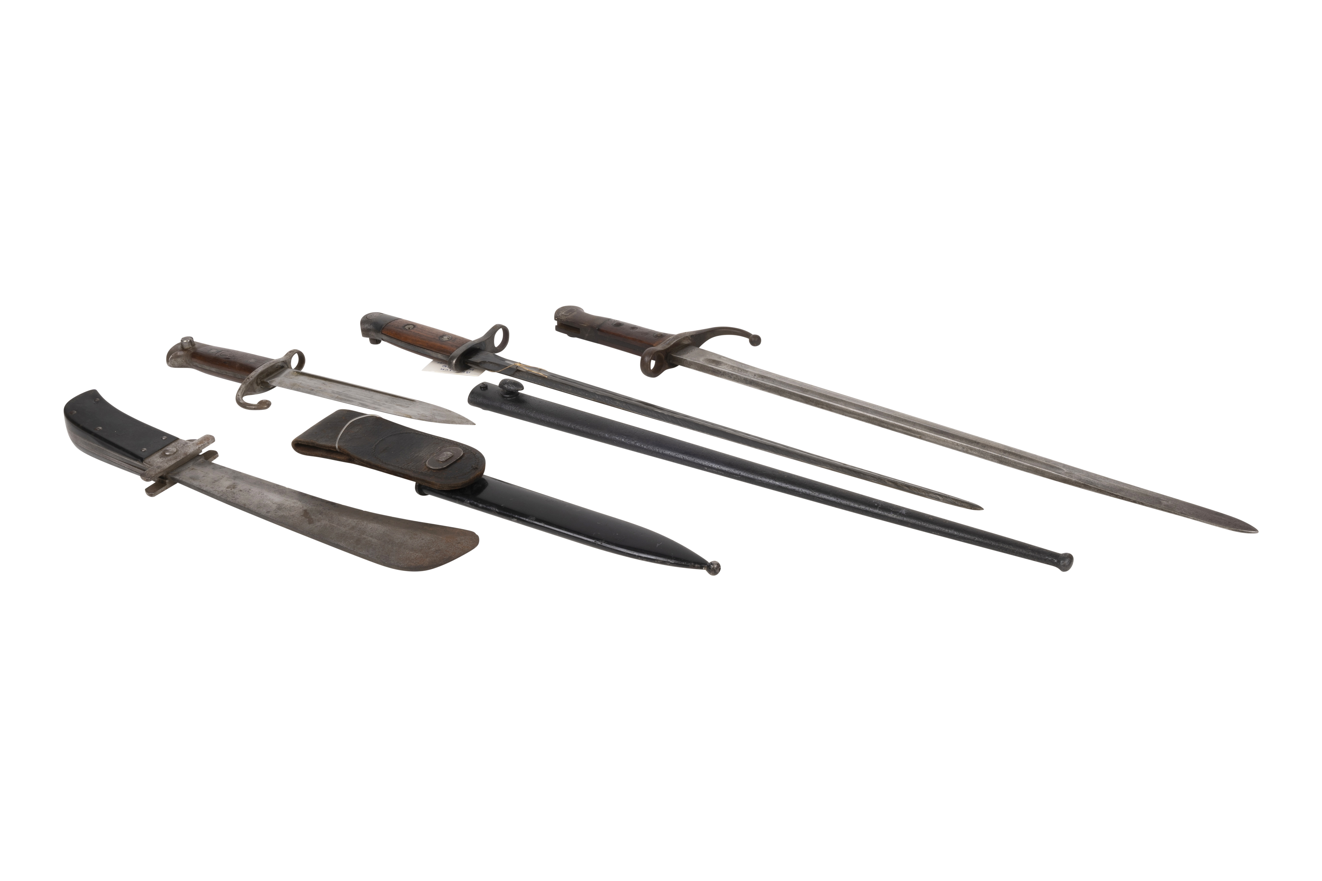 Assorted bayonets and machete, including: Turkish Mauser bayonet, American Folding Machete (Model 89), etc.