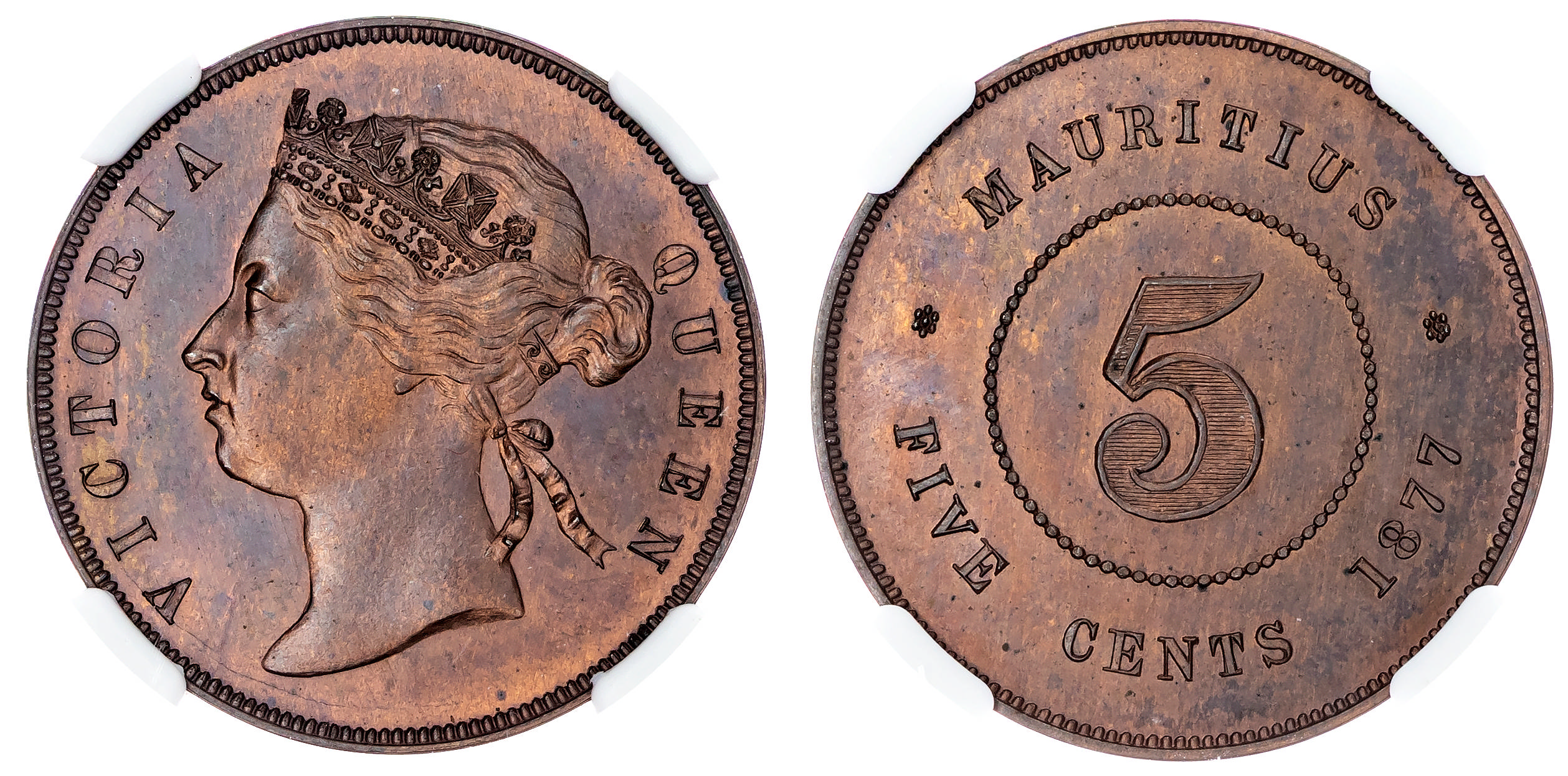 Mauritius, Victoria (1837-1901), bronze Proof 5 Cents, 1877 - PF 65 BN
