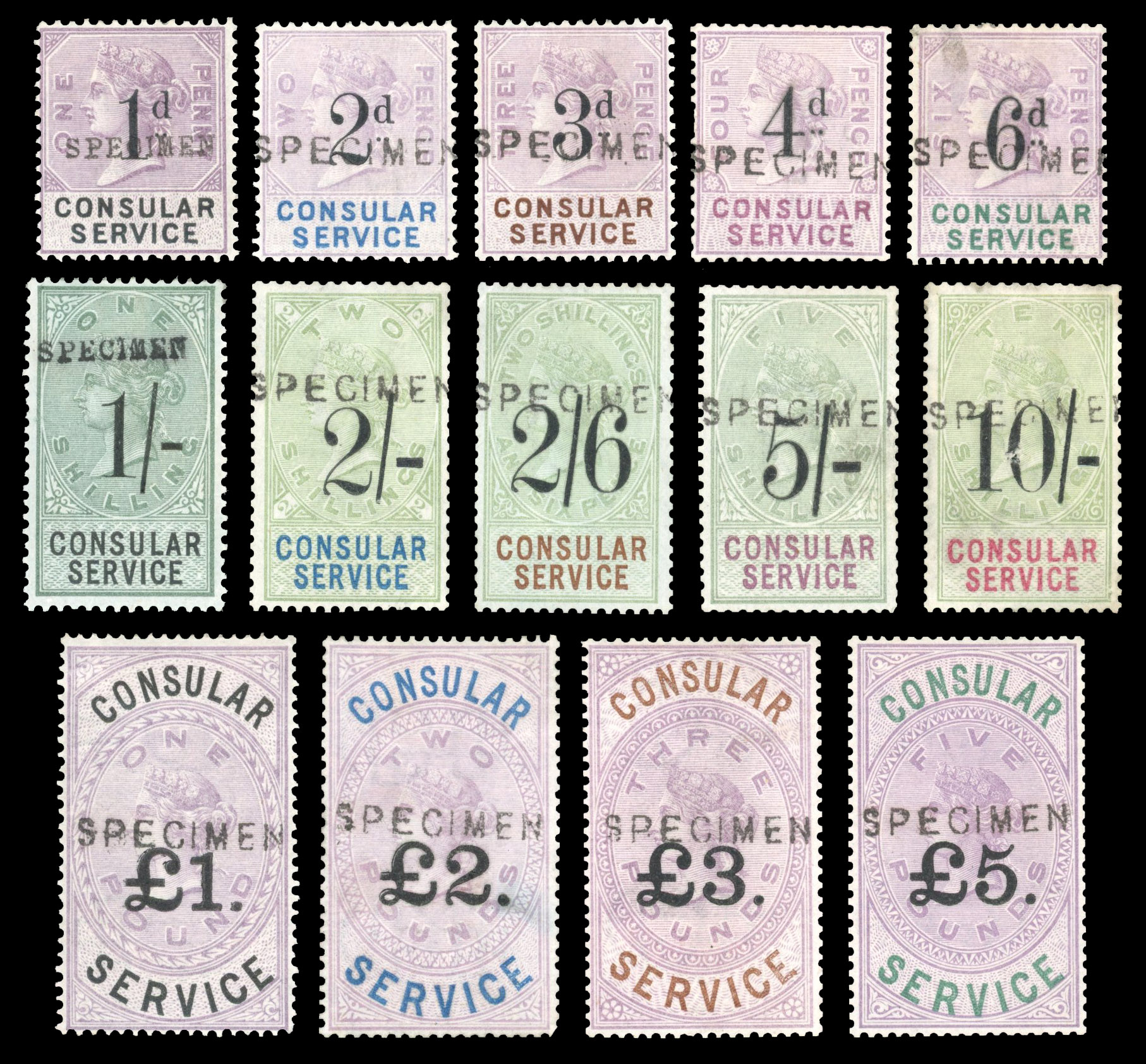 GB revenue Consular Service 1886 TRIAL SURCHARGES set of 14 Specimen type 11