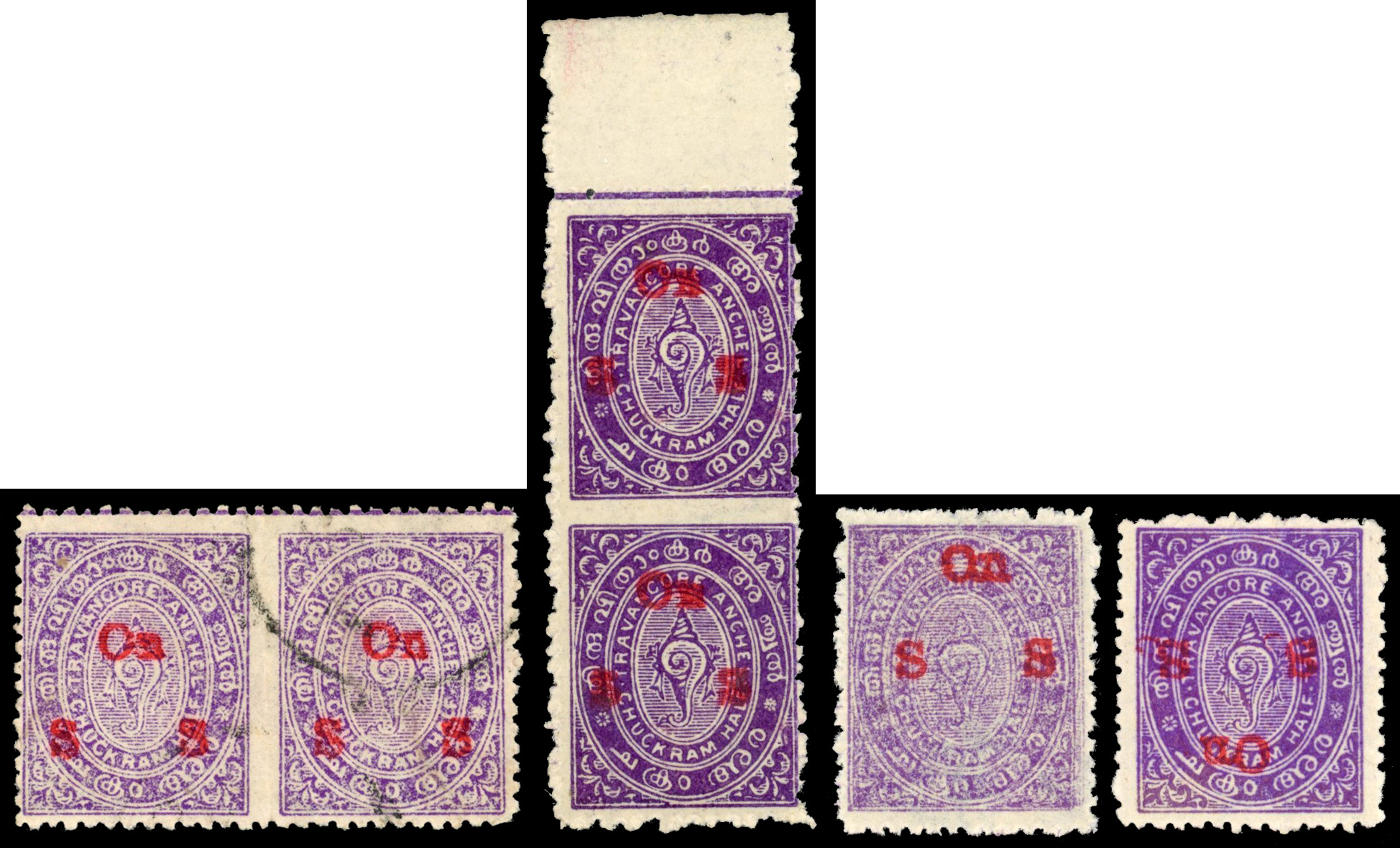 I.F.S Travancore SG O17b,c,d,e ½ch listed vars mint and used 