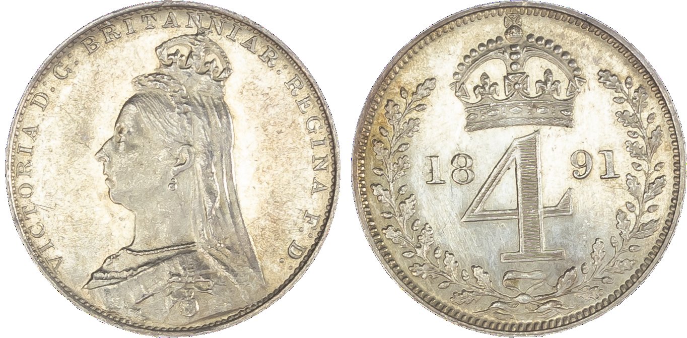 Victoria (1837-1901), Maundy set, 1891, Four, Three, Two and One Penny, each with Jubilee best left, legend and toothed