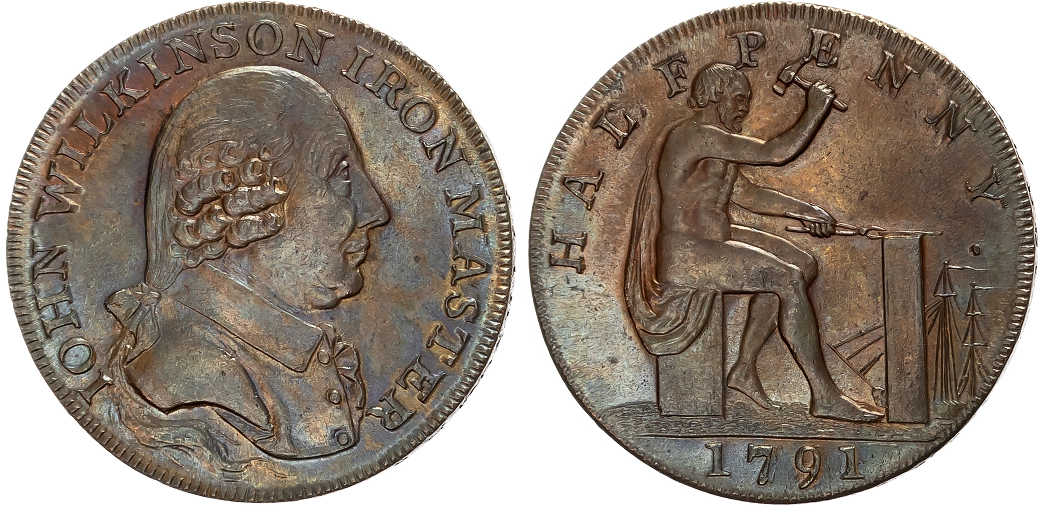 Warks . West Midlands , John Wilkinson Halfpenny 1791, bust of Wilkinson right, rev. Vulcan seated right, edge WILLEY SN …