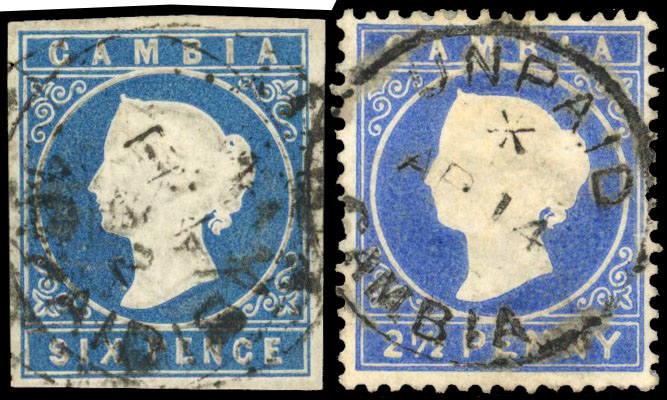 1872 6d pale blue cancelled “GAMBIA/UNPAID” and 1886-93 2½d cancelled “UNPAID/GAMBIA” fine and scarce. 