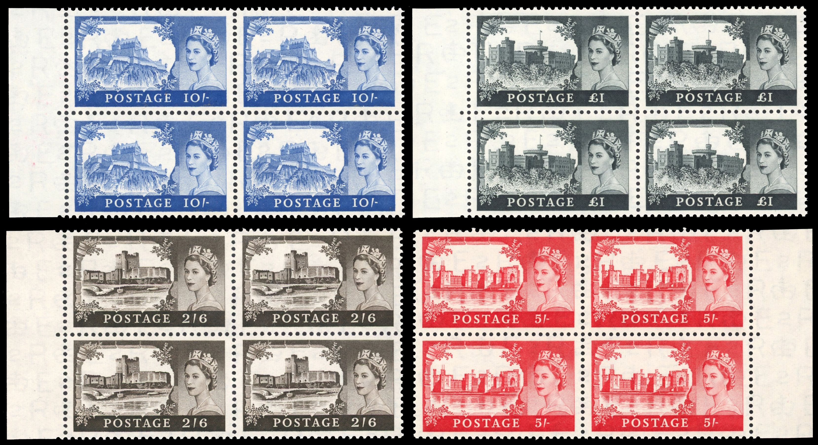 Great Britain 1958 D.L.R. Castles set blocks 4 full o.g.