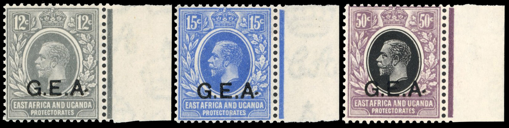 Tanganyika SG 63a-65a 1921 12c, 15c, 50c raised stops mint