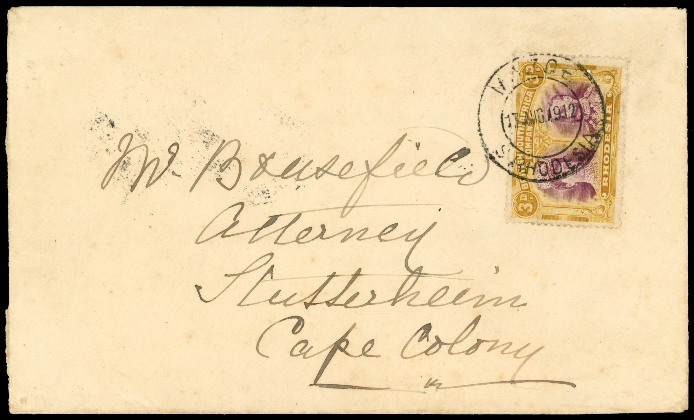 3d SG 136 on cover to Cape, Mazoe DC 17 AUG 1912