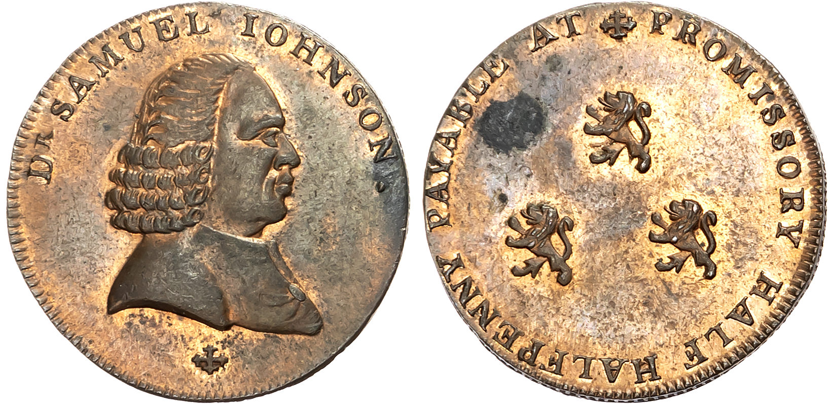 Warks. Birmingham, Westwood’s Half halfpenny (late 1790s) Bust of Samuel Johnson right, rev. three lions rampant, edge c …