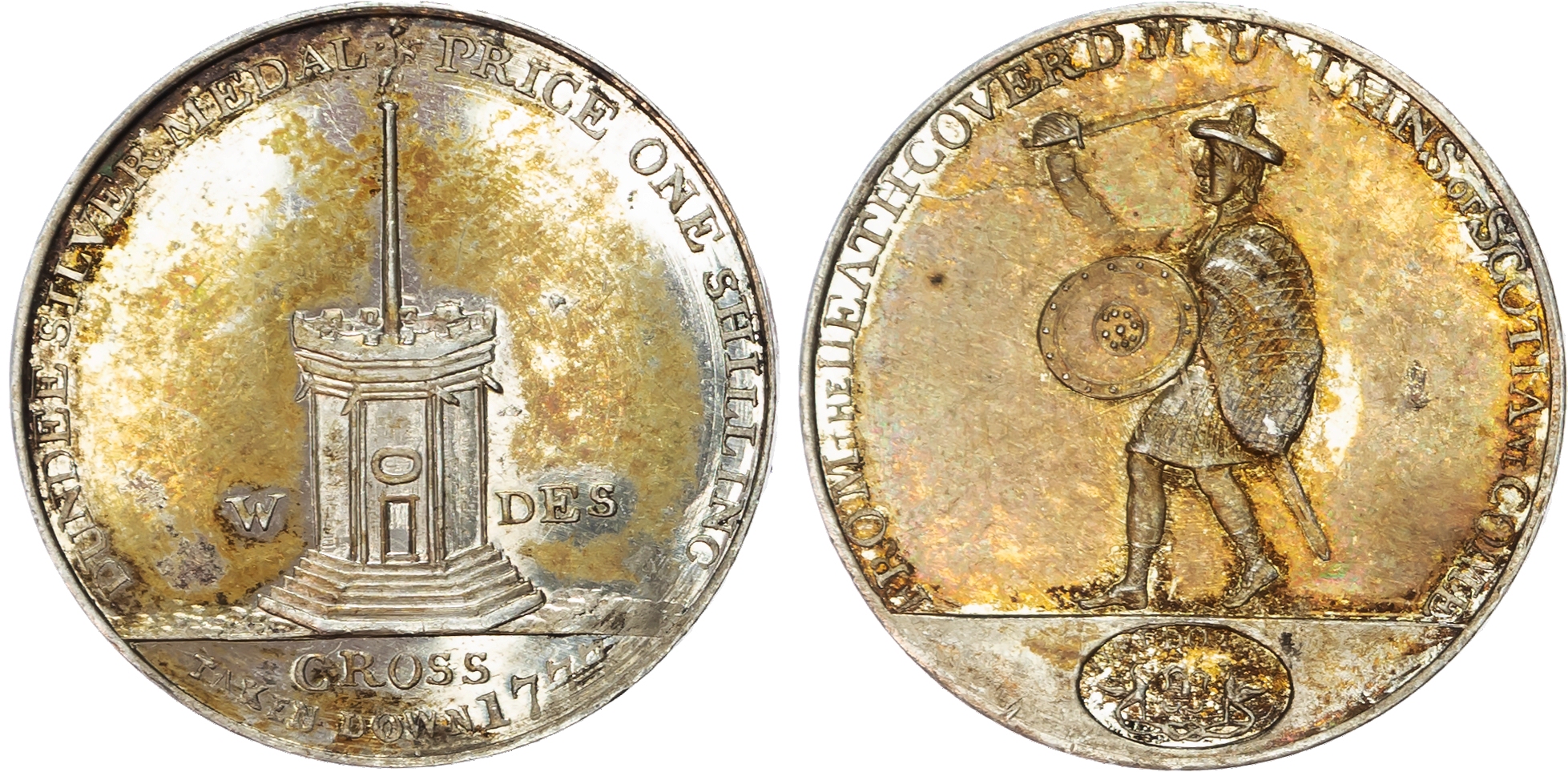 Angus. Dundee, James Wright Jr. silver Shilling 1797. Ancient market cross, rev. An armed highlander in kilt w…