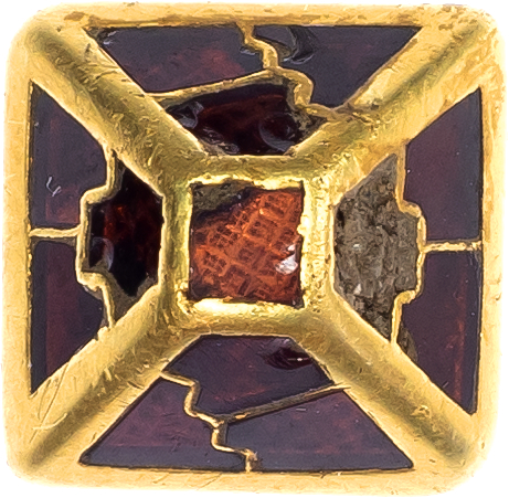 Anglo‑Saxon Gold Pyramid Mount, c. AD 580‑630. An extremely rare Anglo-Saxon gold pyramid mount inlaid on four sides with