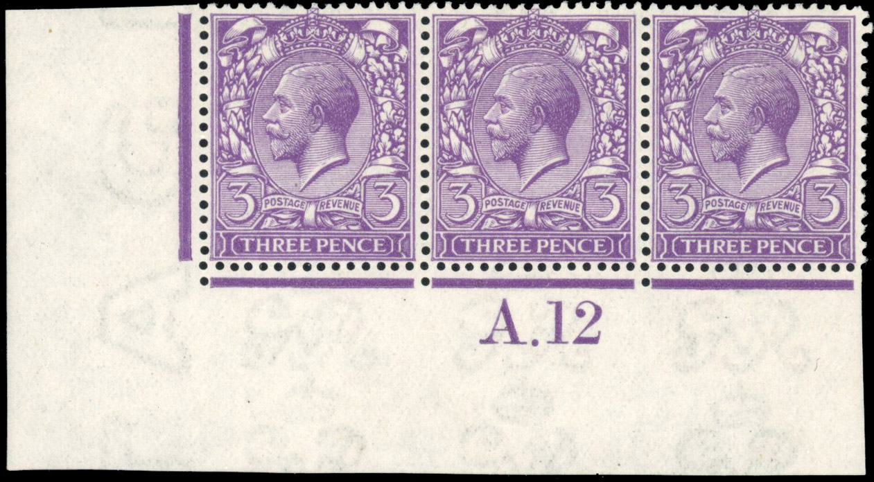 GB 1912-24 Royal Cypher 3d reddish violet, mint control A.12 strip