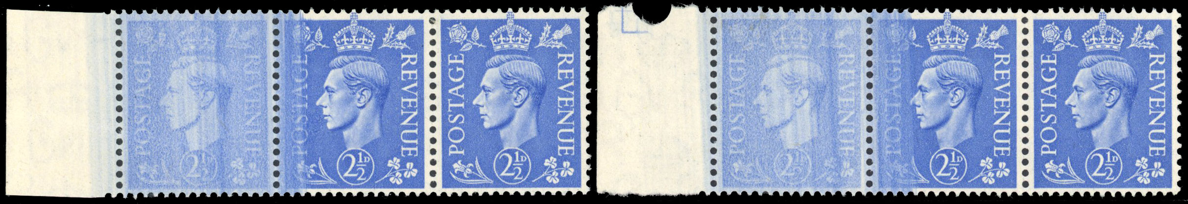 1941 2½d Light ultramarine variety strips mint (SG489var)