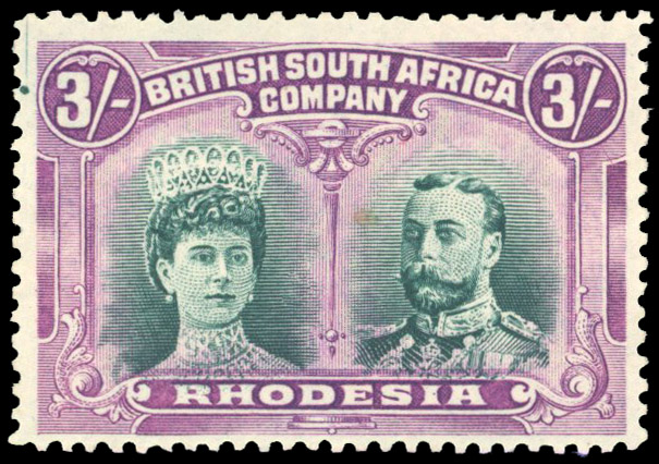 Rhodesia 1910-13 3s bright green and deep purple perf 14
