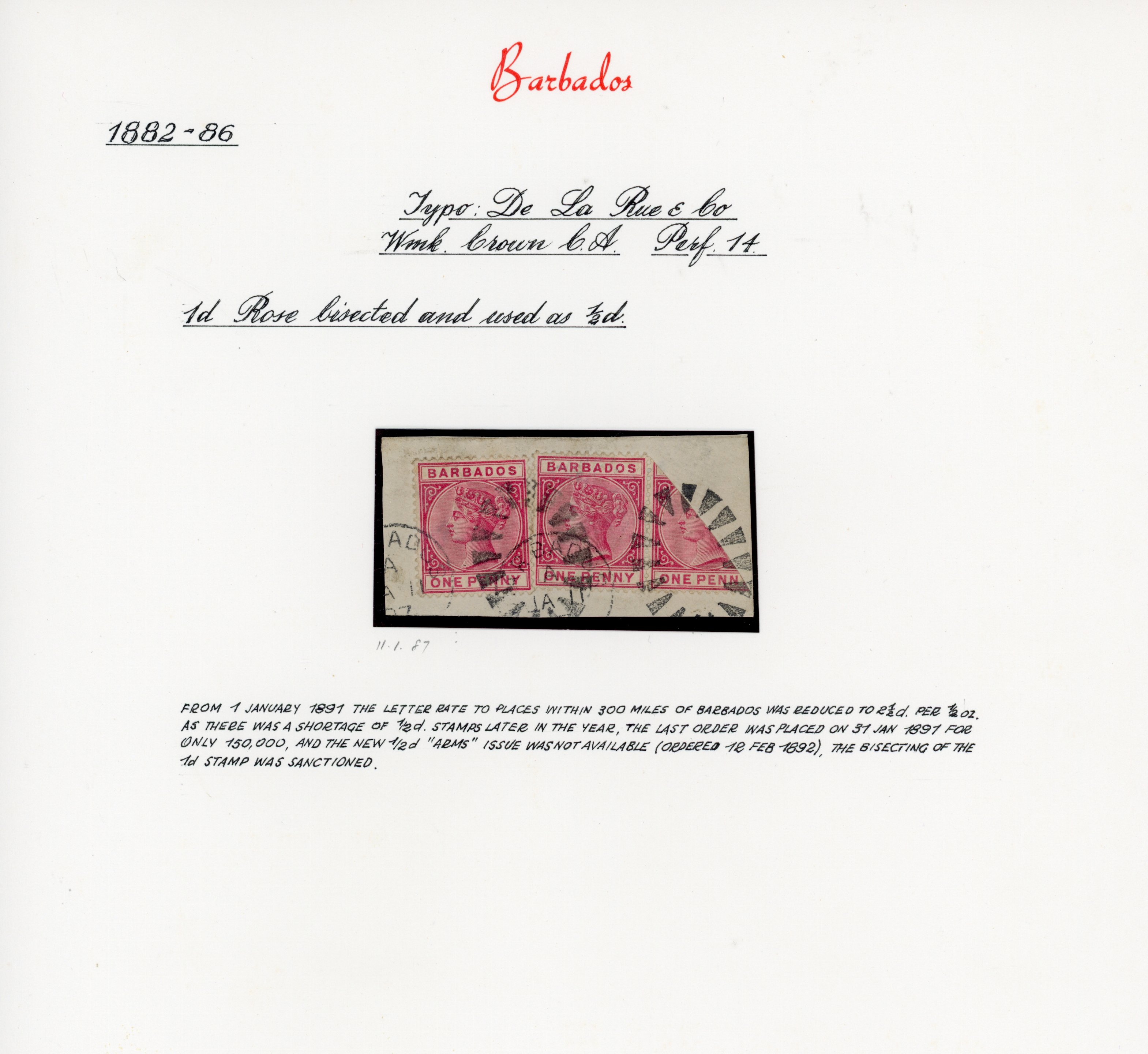 Barbados SG 91a ½d bisect used on piece 