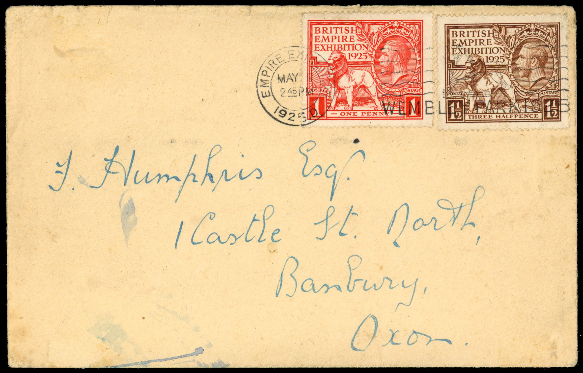 GB: 1925 1d and 1½d Wembley Exhibition pair cancelled by “EMPIRE EXHIBITION/MAY 9/1925” machine cancel,er