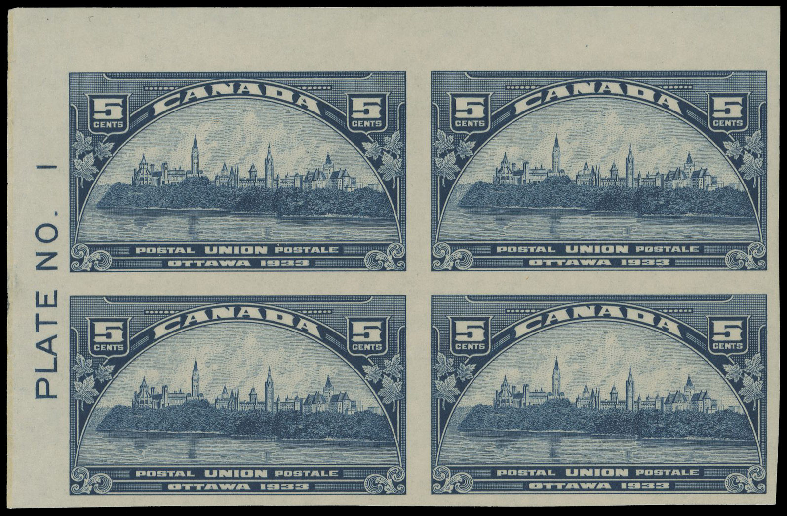 Canada 1933 UPU Congress 5c imperf plate block