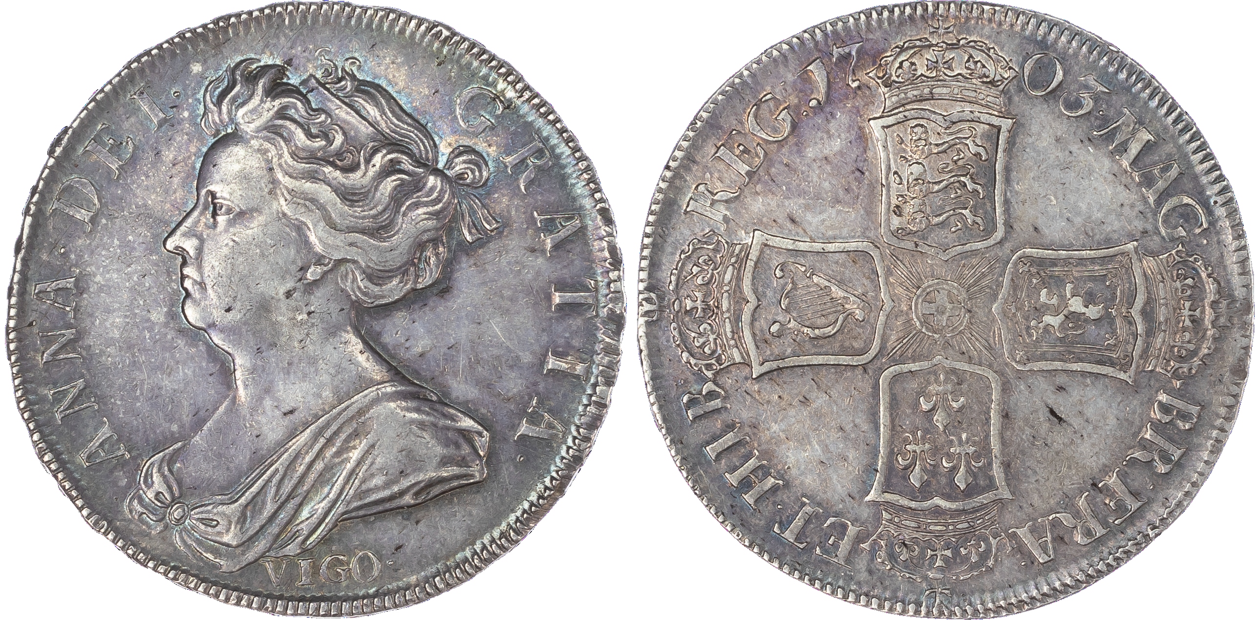 Anne (1702-14), Halfcrown, 1703, draped bust left, VIGO below, reverse crowned cruciform shields (S.3580, Bull 1358, ESC