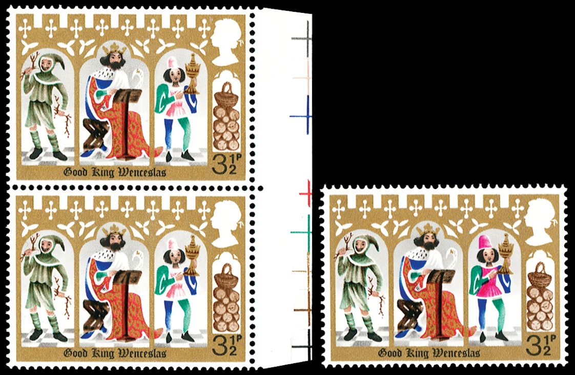 1973 3½p Christmas. Very fine unmounted o.g. right hand marginal vertical pair with rosy-mauve (robe at right) omitted....