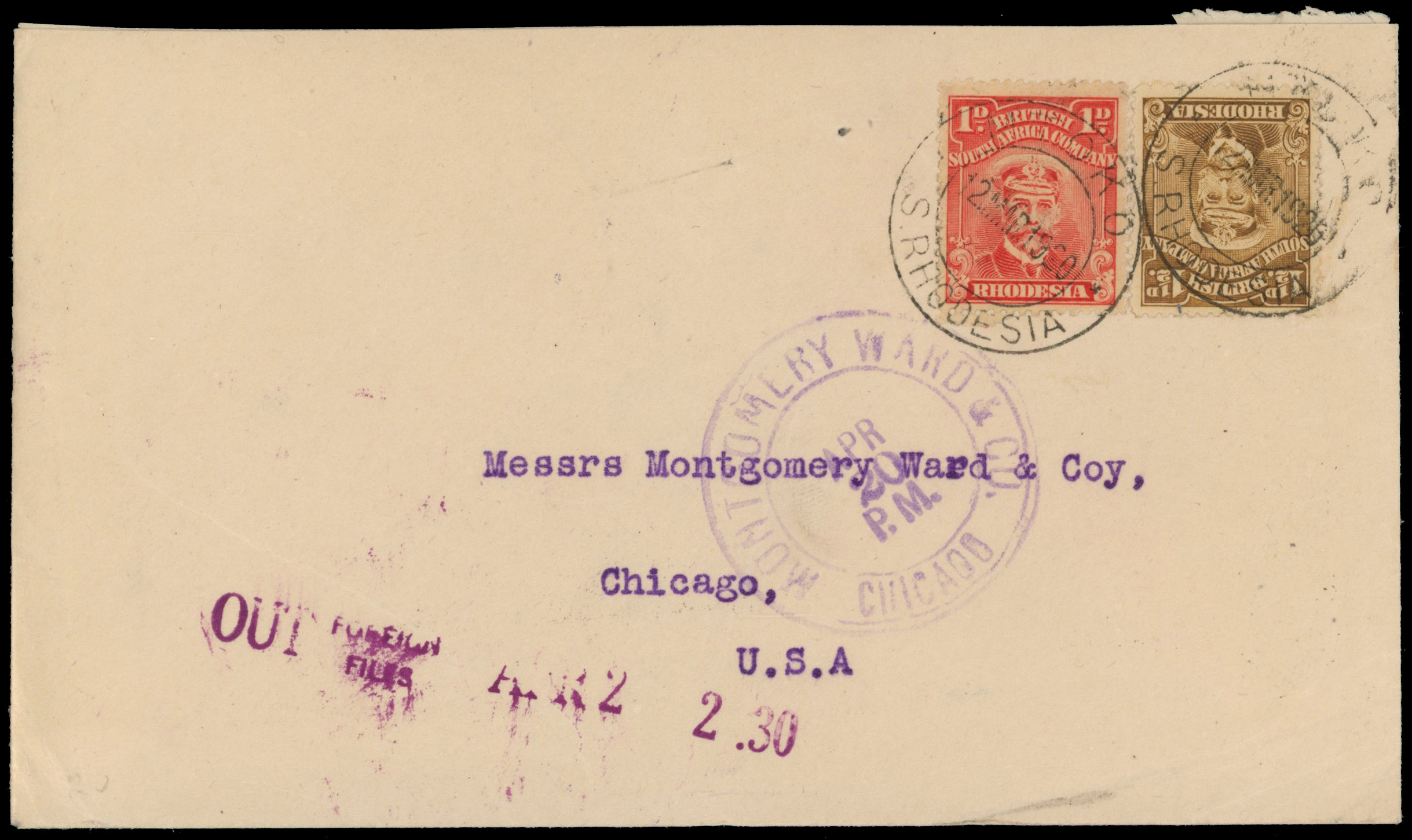 Rhodesia 1920 Montgomery Ward cover from Mtoko