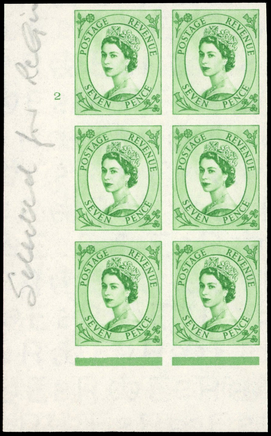 Great Britain 1956 7d Bright green, Cylinder Block of Six, BPMA Imprimatur, SG 549