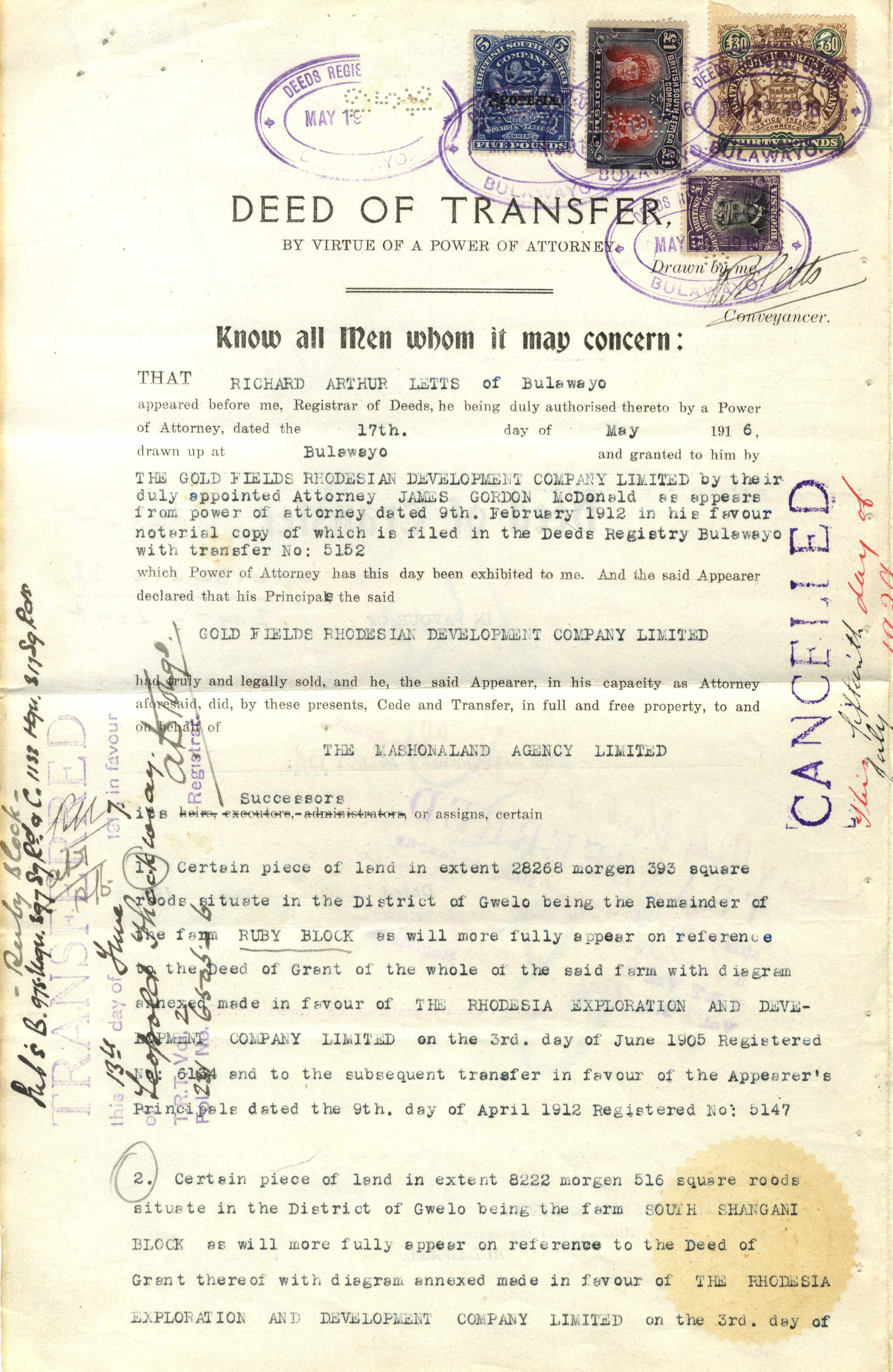 Rhodesia Revenue 1916 document with £30 Arms