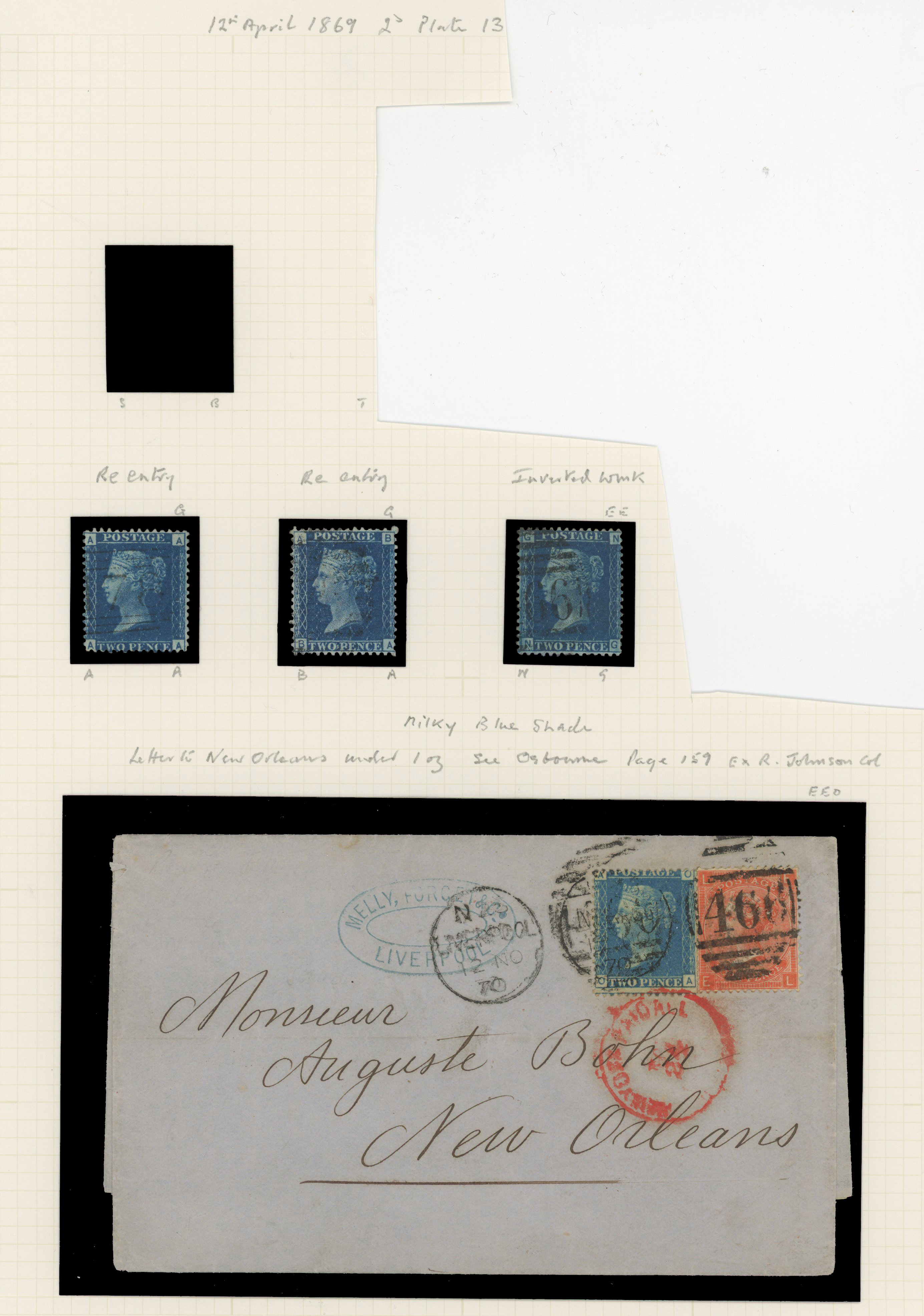 1869 2d Blue Pl.13-15 (SG46-47 thin white lines, Wmk. Large Crown, Perf 14). A fantastic used group