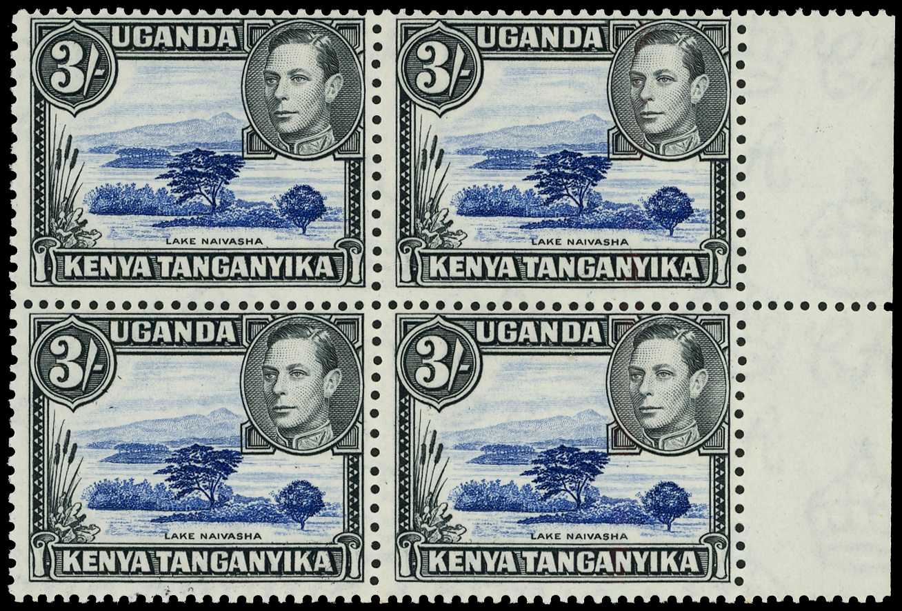 1947 3/- deep blue and violet-black perf 13 x 11¾, right-marginal block of four, unmounted o.g. SG 147a,...