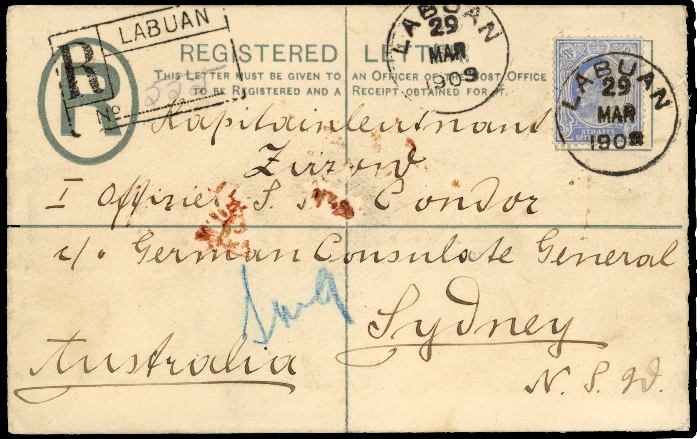 Straits Settlements 1909 registered postal stationery envelope from Labuan to Sydney