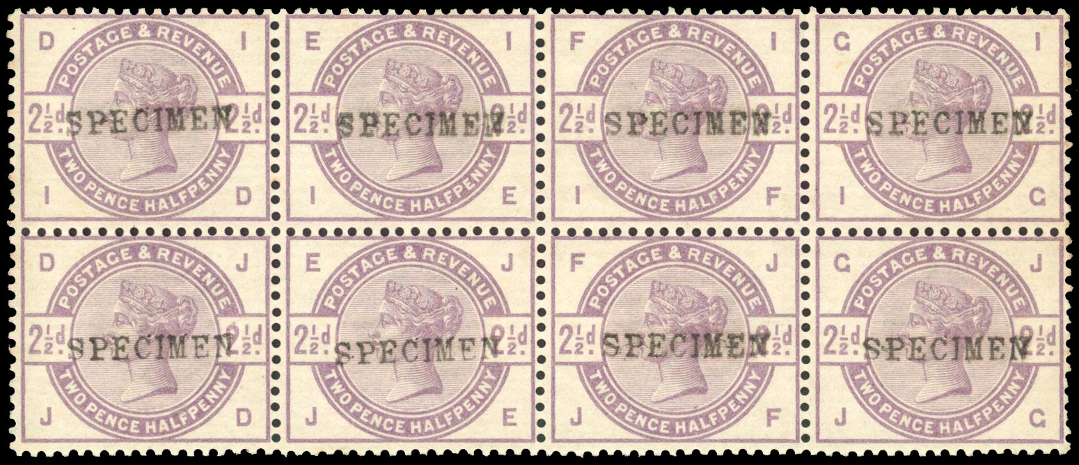 1884 2½d lilac overprinted "SPECIMEN", block of 8 (4x2) fine and fresh unmounted o.g. SG 190s