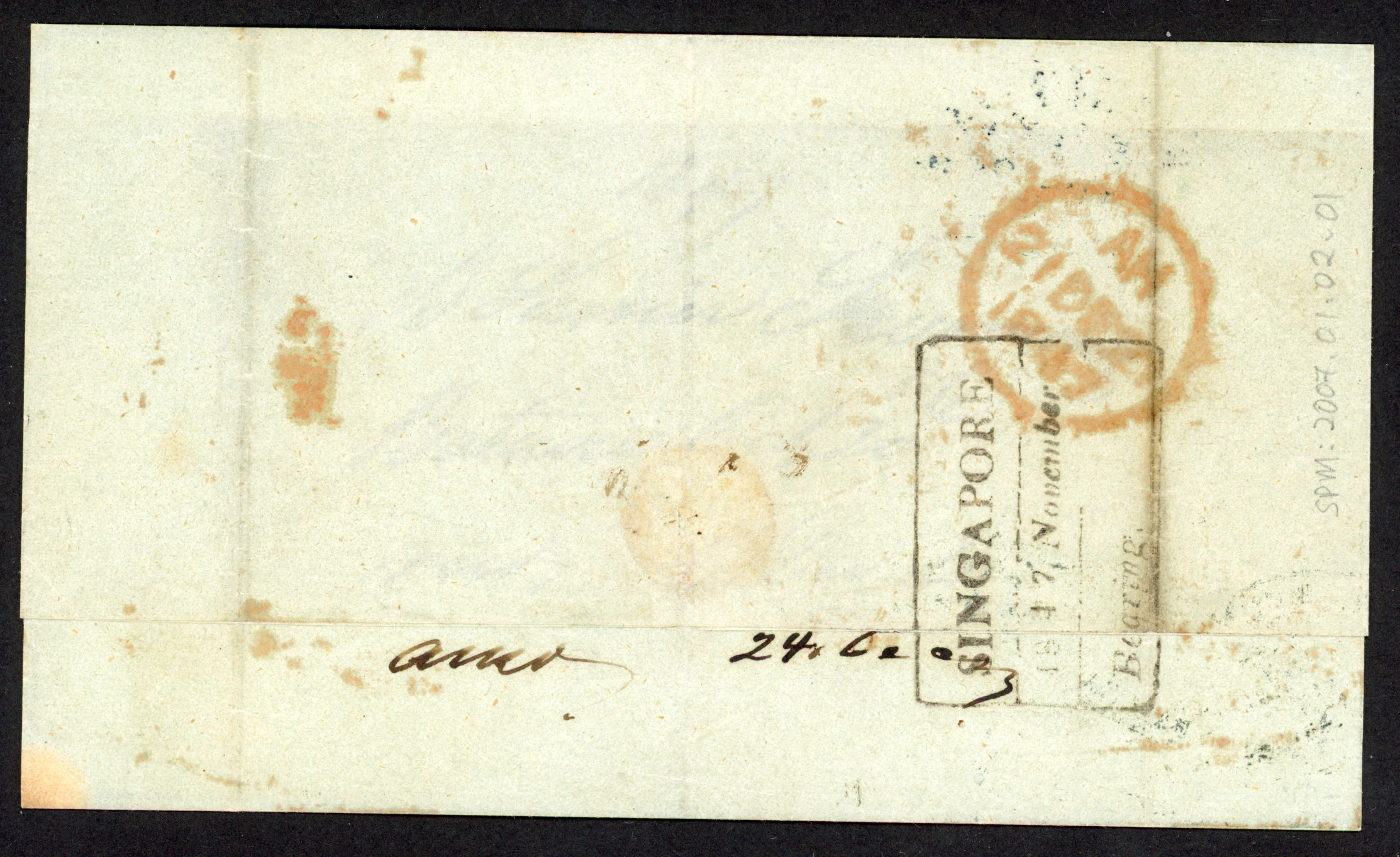 Straits Settlements 1847/1853 pair of pre-stamp entires with SINGAPORE Bearing handstamps