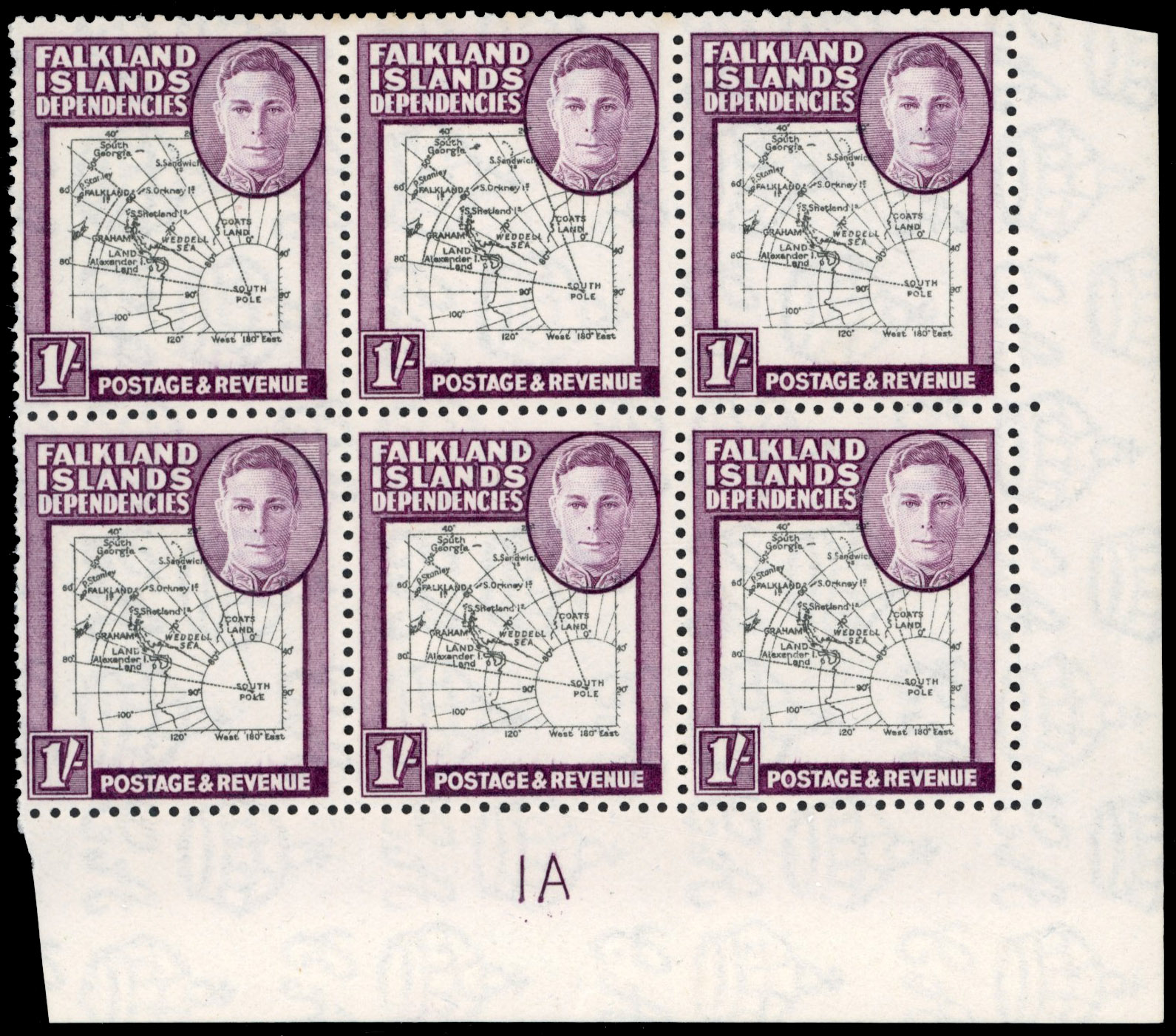 FID SG G8, a, c 1946 Thick Map 1/- two plate blocks with SOUTH POKE mint