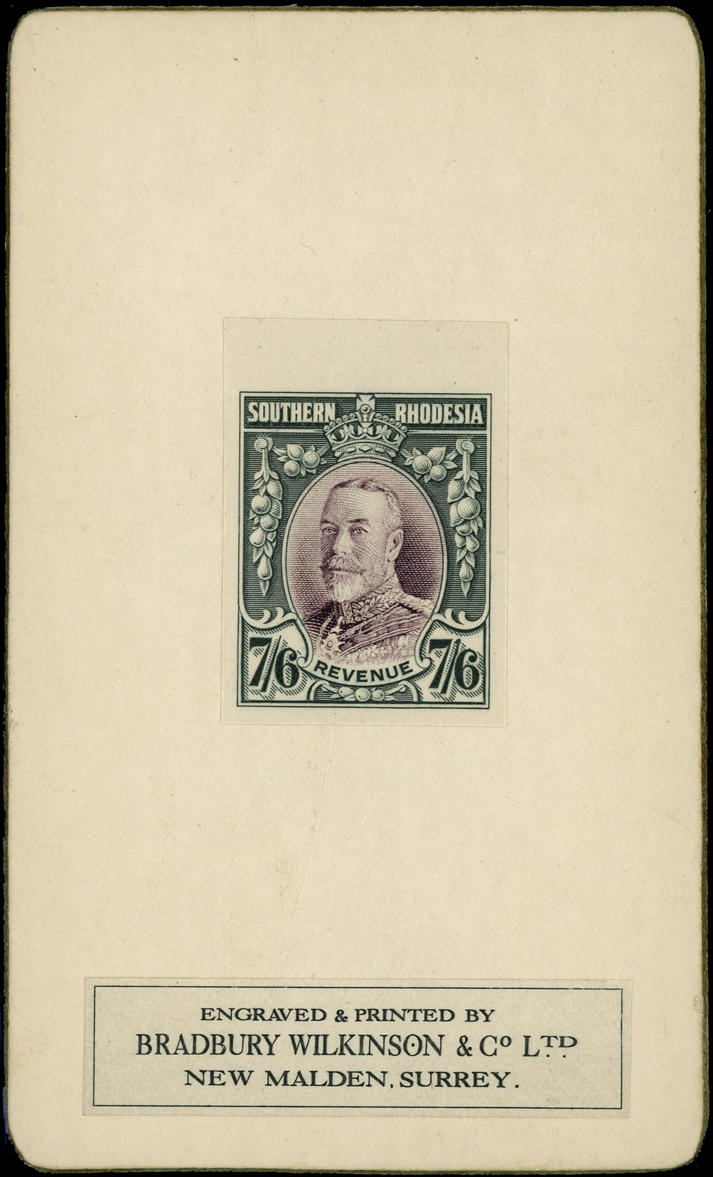 Southern Rhodesia 1930 7s6d black and purple colour trial