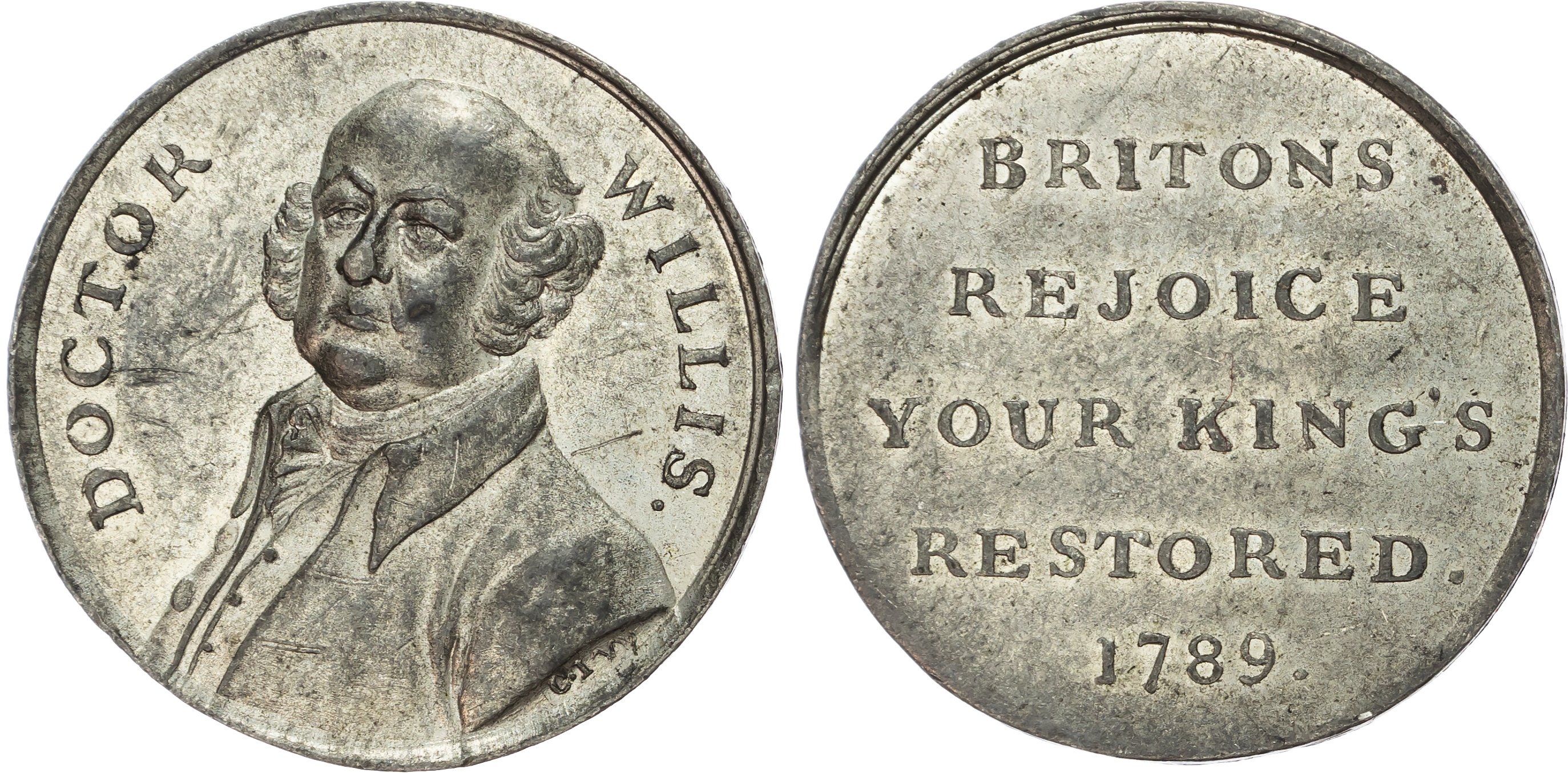 London, Social Series, White-metal Penny 1789. Bust of Dr. Willis half left (who cured Geo III of his madness)…