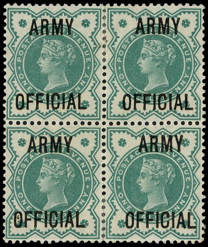 1900 ½d blue-green Army Official block of 4, watermark inverted.