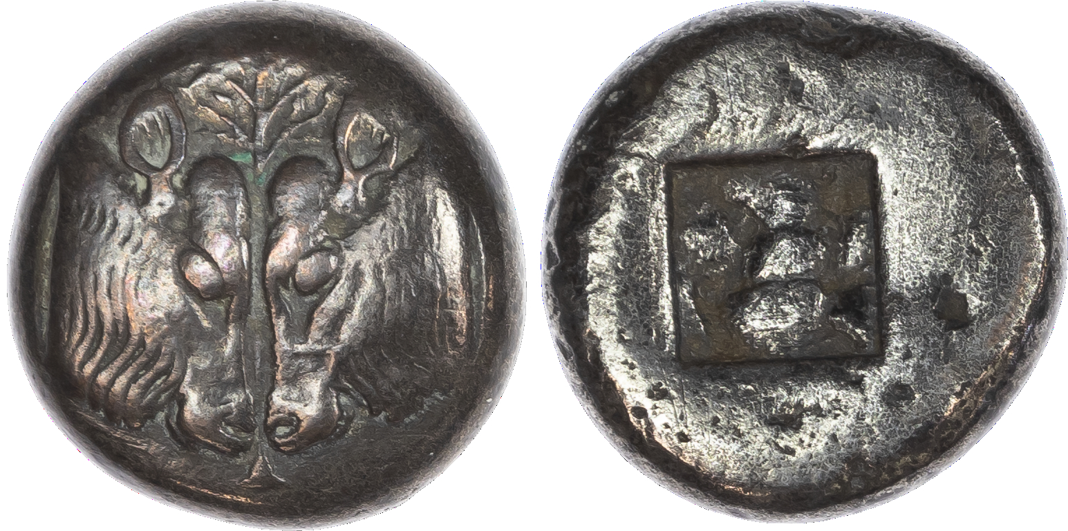 Lesbos, Unattributed Mint (c. 510-480 BC) BI Double Siglos, 11.01g. Confronted cow’s heads, olive tree between. Rev. Small