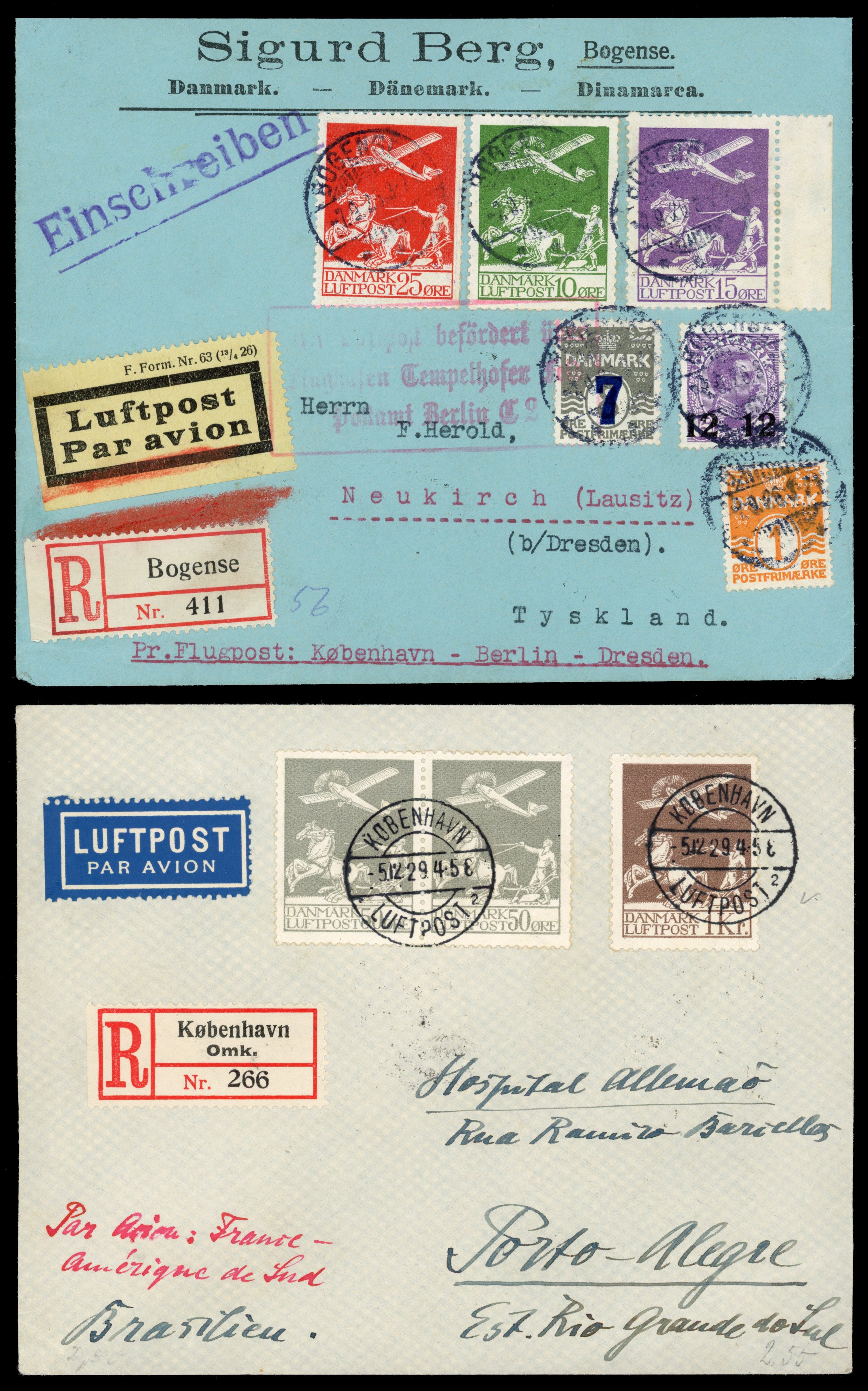 Denmark two 1929 registered airmail covers