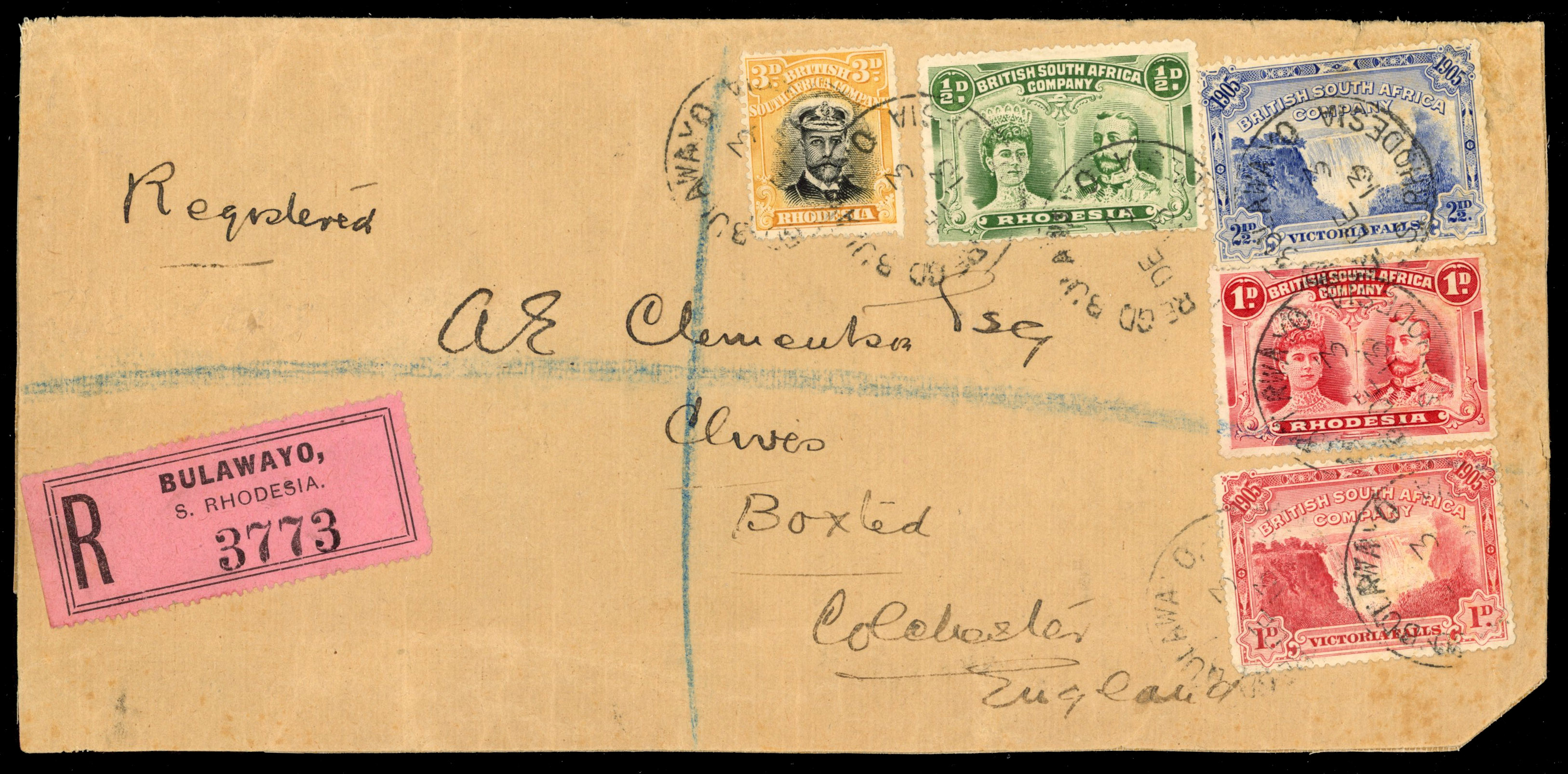 Rhodesia 1913 multi-franked cover to England with 3d Admiral Die I